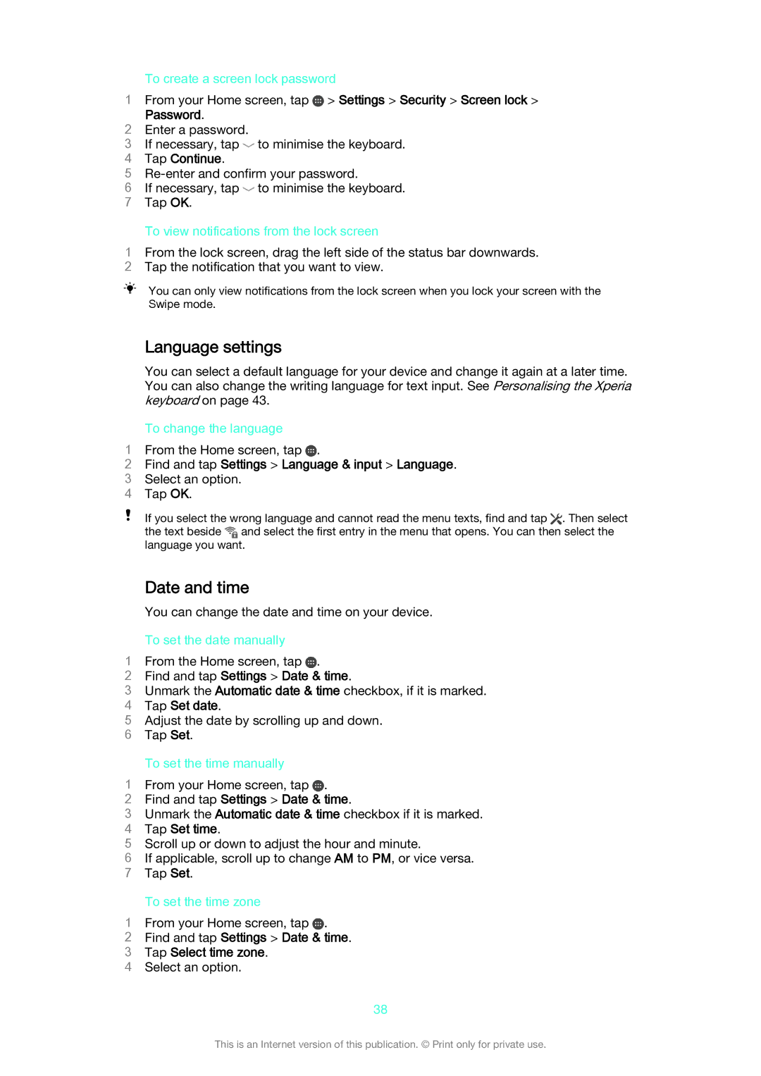 Sony SGP521 manual Language settings, Date and time 