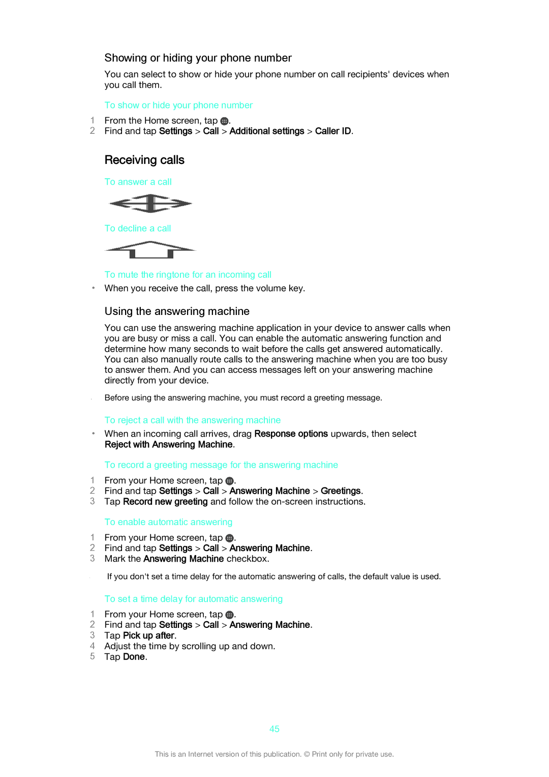 Sony SGP521 manual Receiving calls, Showing or hiding your phone number, Using the answering machine 