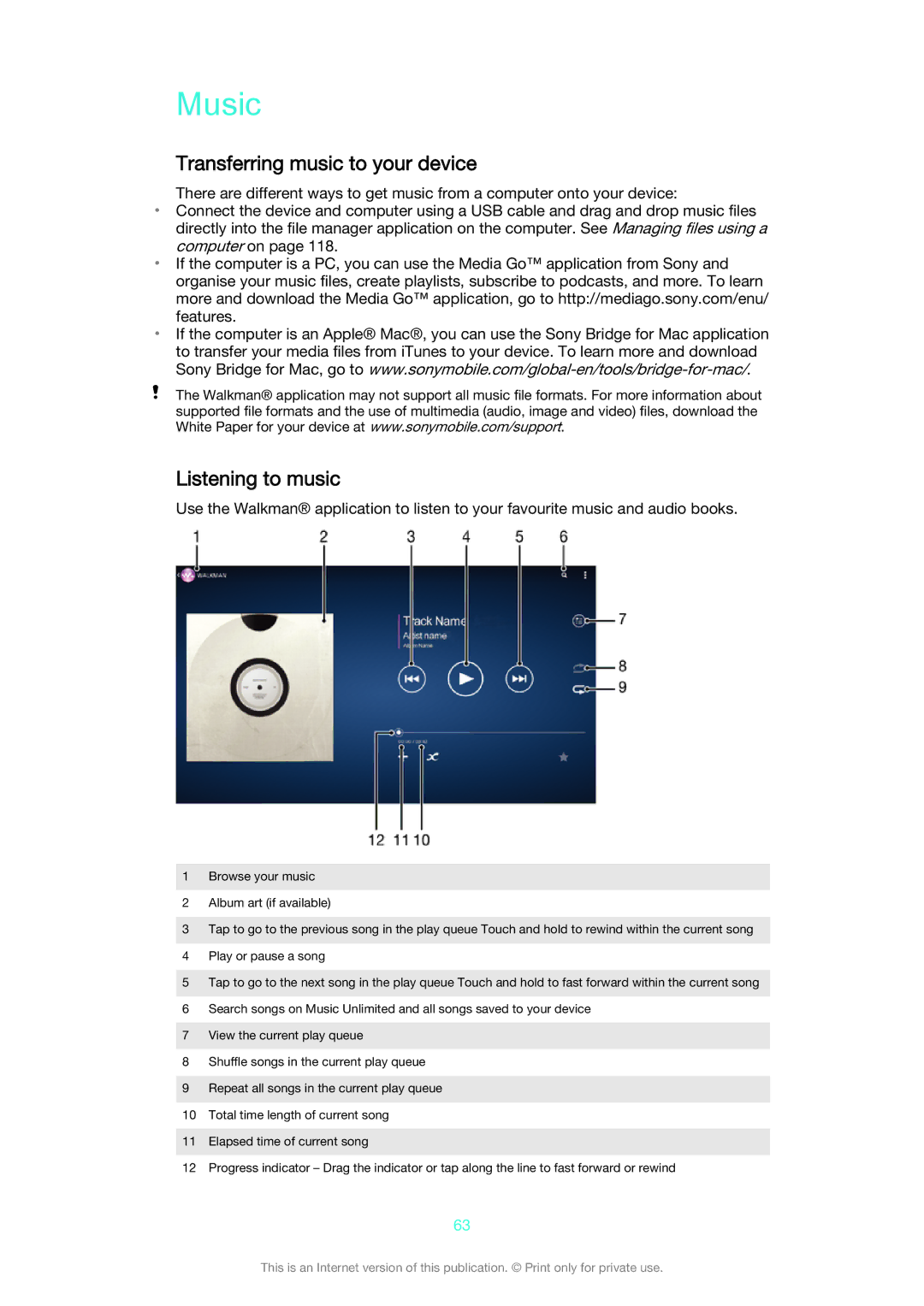 Sony SGP521 manual Music, Transferring music to your device, Listening to music 