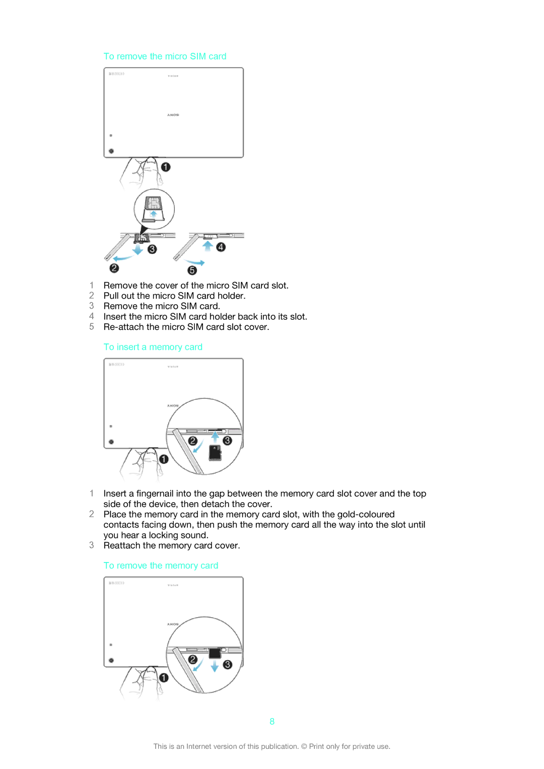 Sony SGP521 manual To remove the micro SIM card, To insert a memory card, To remove the memory card 