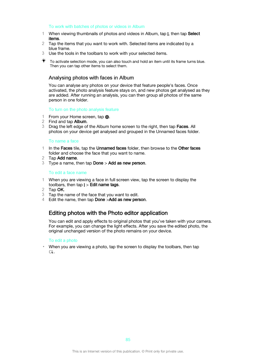 Sony SGP521 manual Editing photos with the Photo editor application, Analysing photos with faces in Album, Tap Add name 