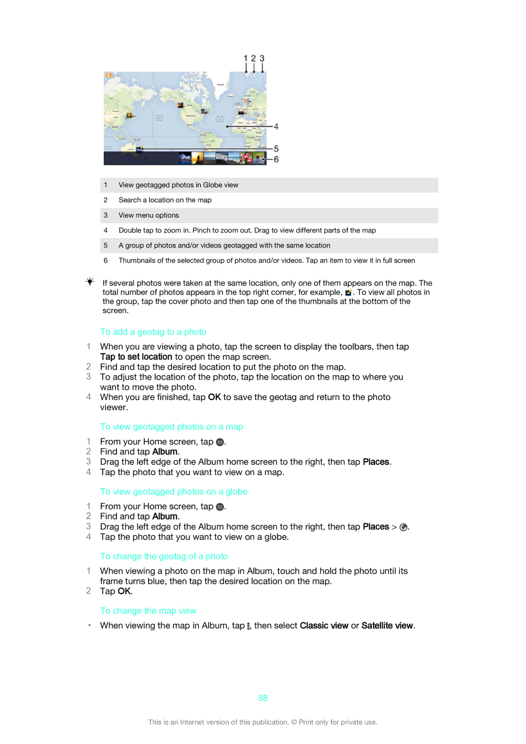 Sony SGP521 manual To add a geotag to a photo, To view geotagged photos on a map, To view geotagged photos on a globe 