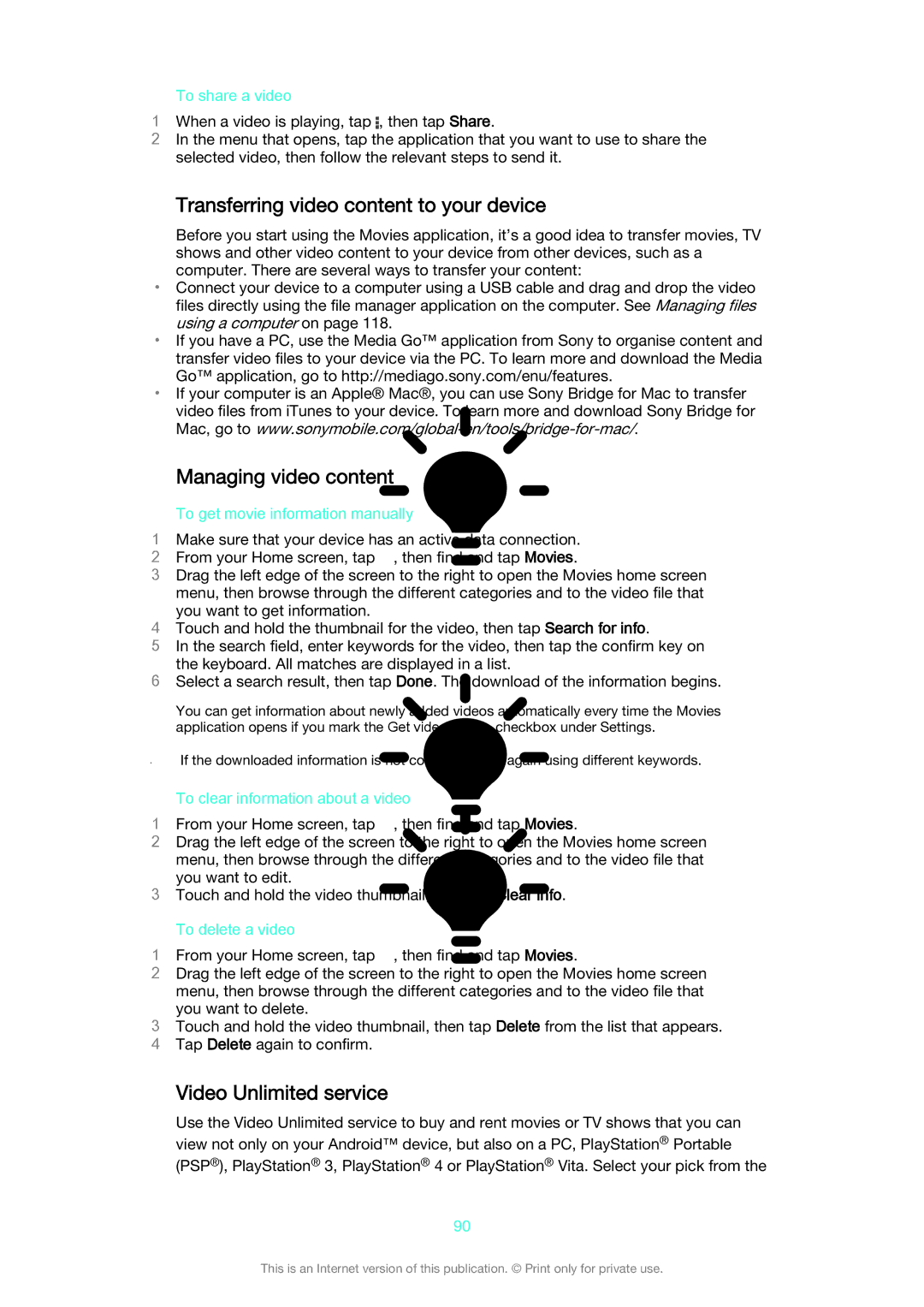 Sony SGP521 manual Transferring video content to your device, Managing video content, Video Unlimited service 