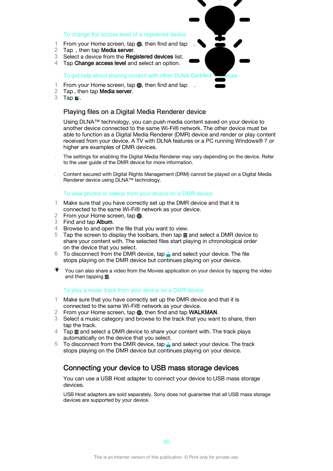 Sony SGP521 manual Connecting your device to USB mass storage devices, Playing files on a Digital Media Renderer device 