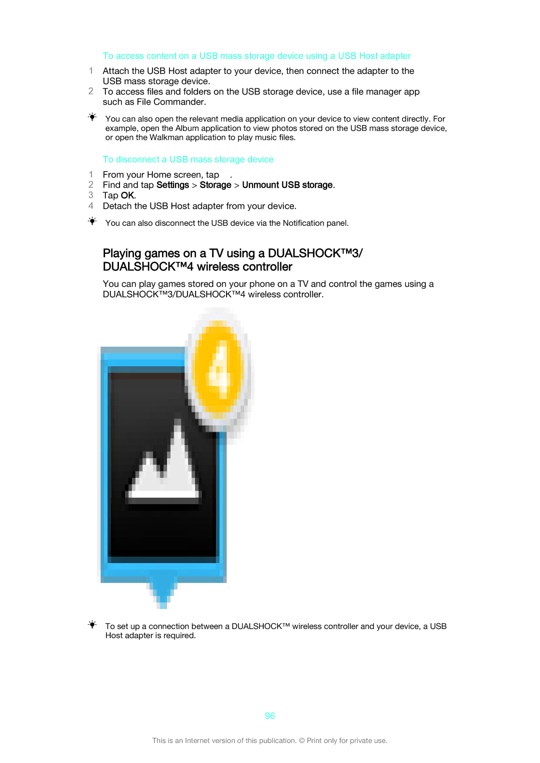 Sony SGP521 manual To disconnect a USB mass storage device, Find and tap Settings Storage Unmount USB storage 