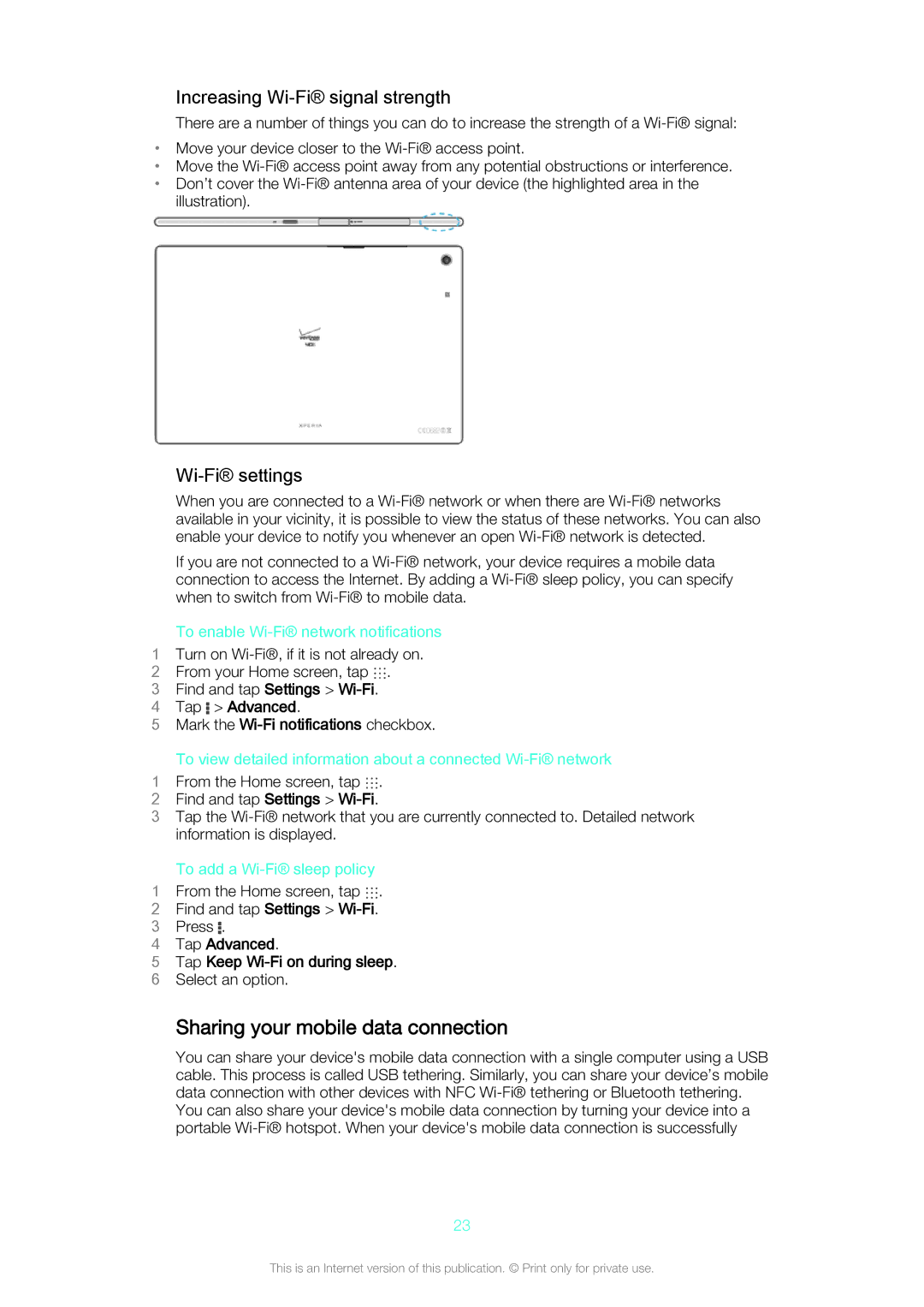 Sony SGP561 manual Sharing your mobile data connection, Increasing Wi-Fi signal strength, Wi-Fi settings 