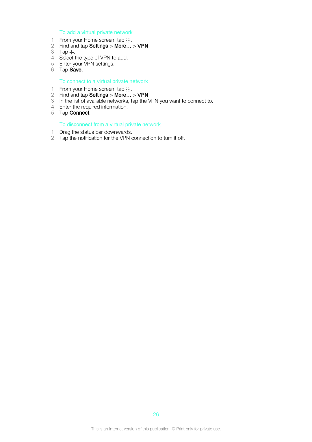 Sony SGP561 manual To add a virtual private network, To connect to a virtual private network, Tap Connect 