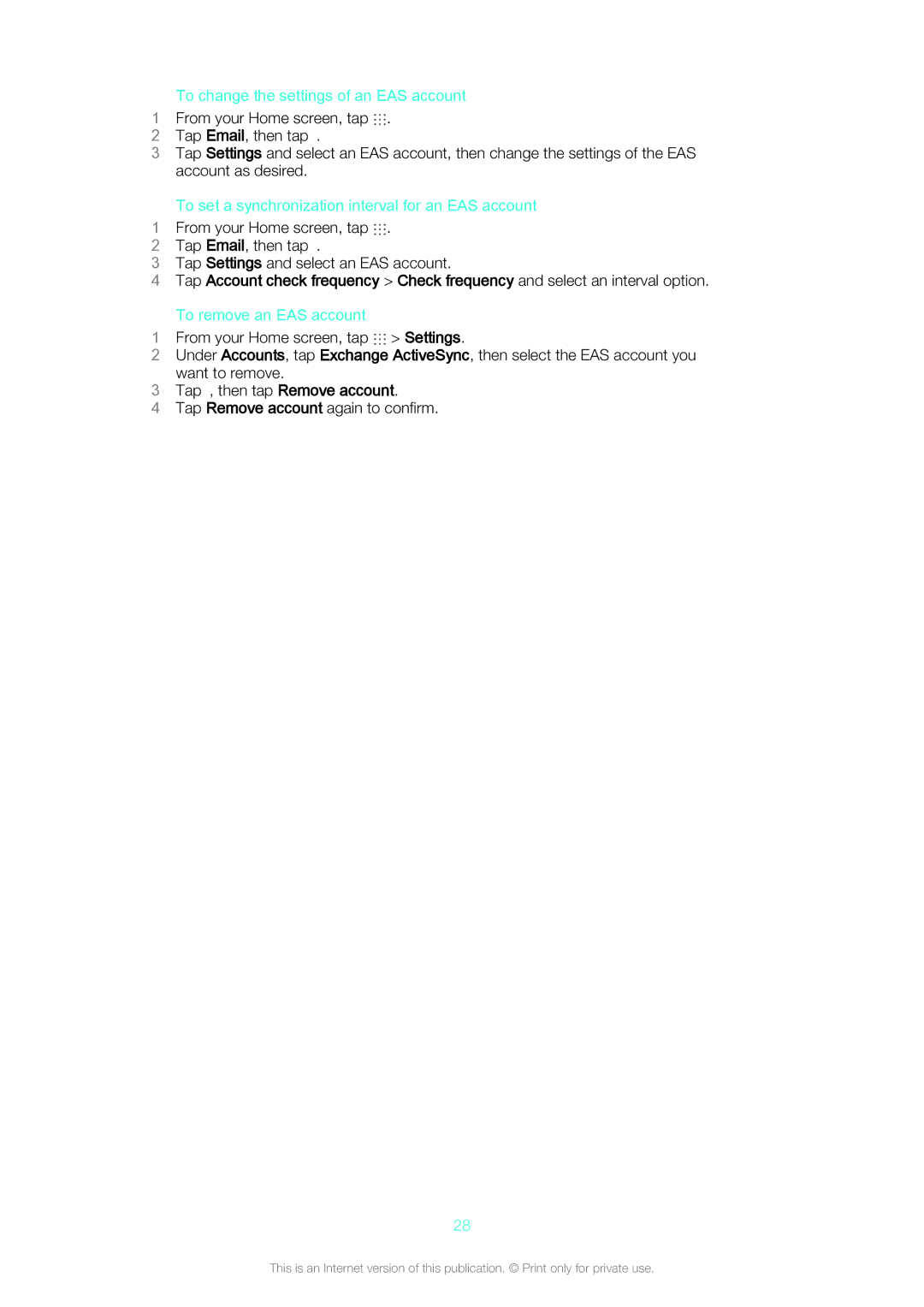 Sony SGP561 manual To change the settings of an EAS account, To set a synchronization interval for an EAS account 