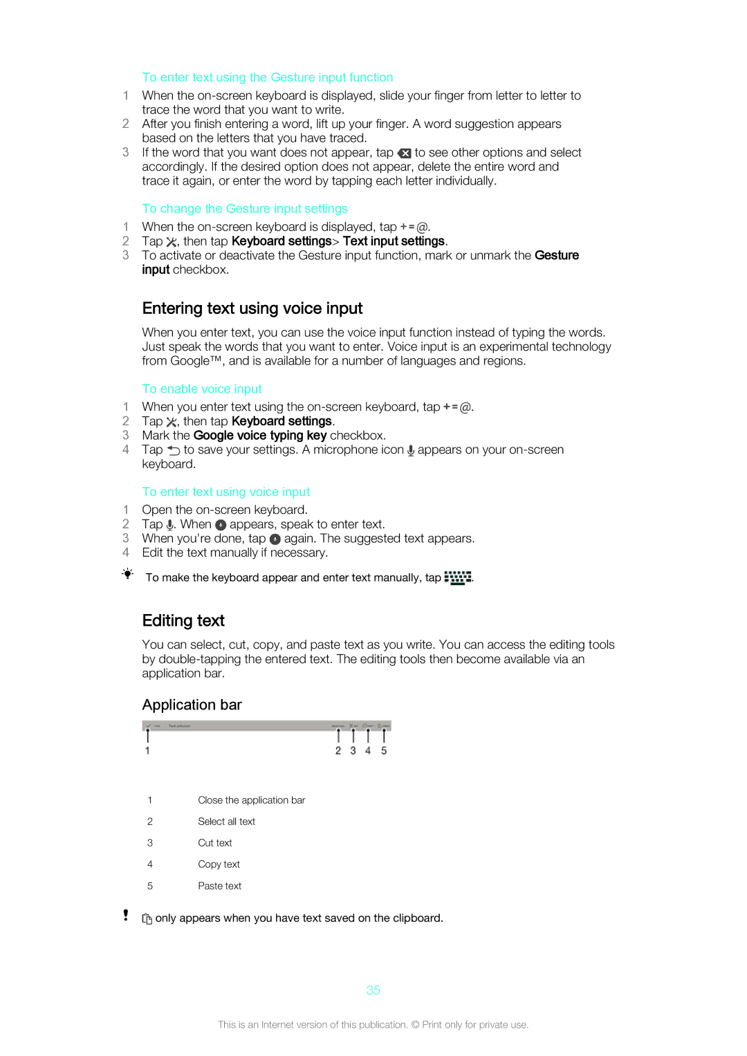 Sony SGP561 manual Entering text using voice input, Editing text, Application bar 