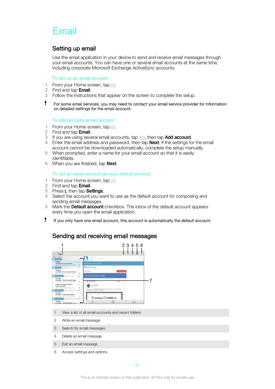 Sony SGP561 manual Setting up email, Sending and receiving email messages, To set up an email account 