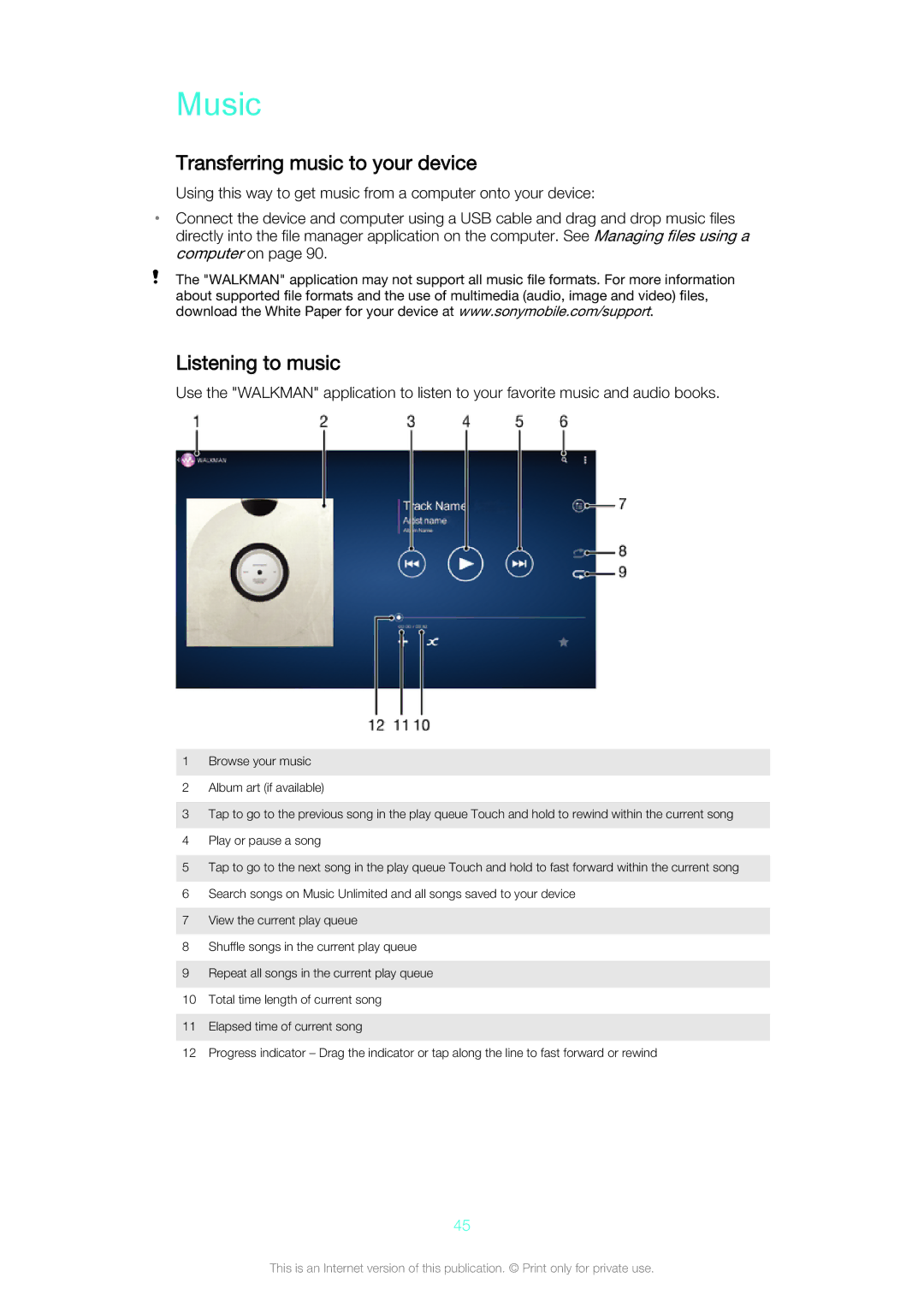 Sony SGP561 manual Music, Transferring music to your device, Listening to music 