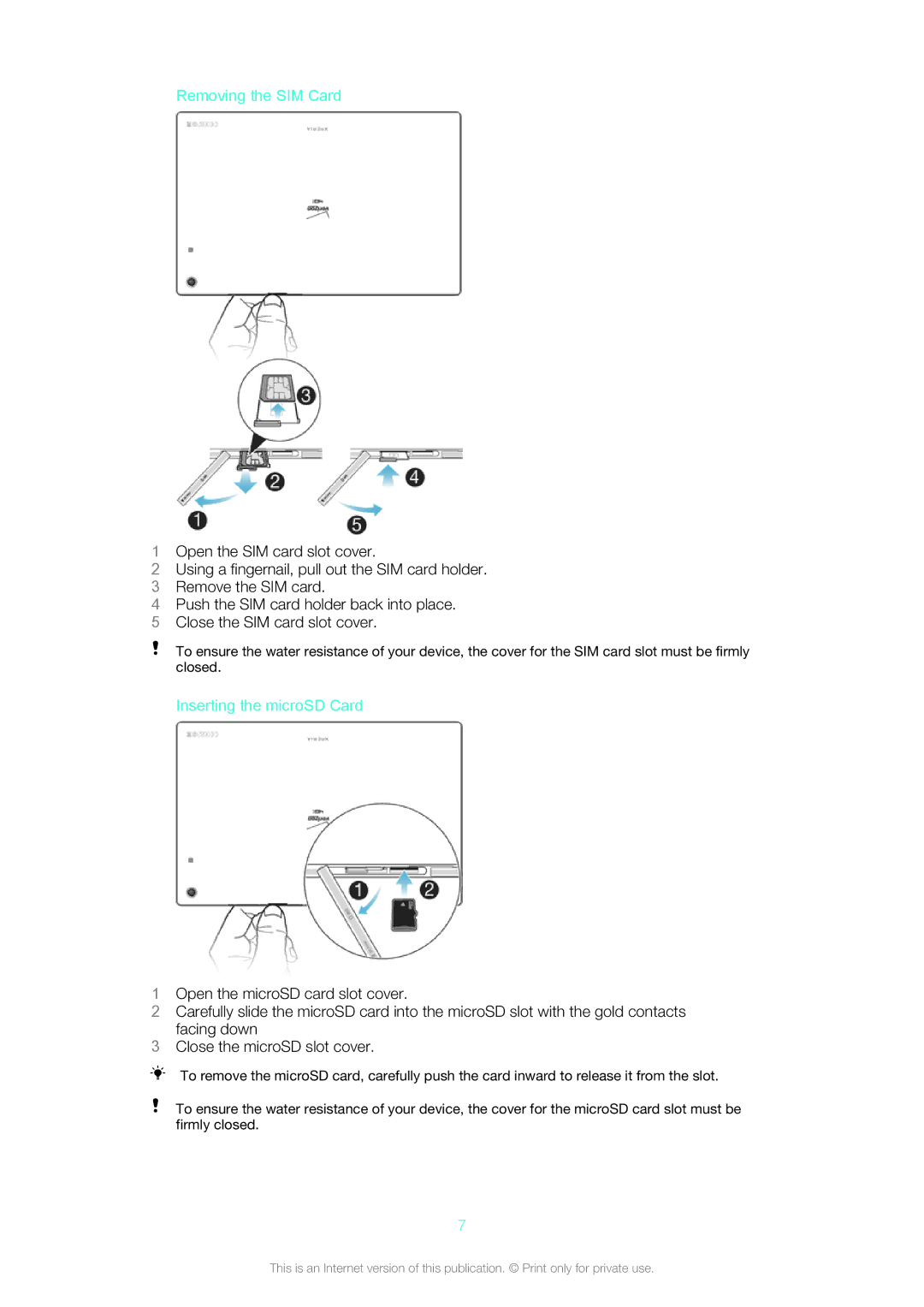 Sony SGP561 manual Removing the SIM Card, Inserting the microSD Card 