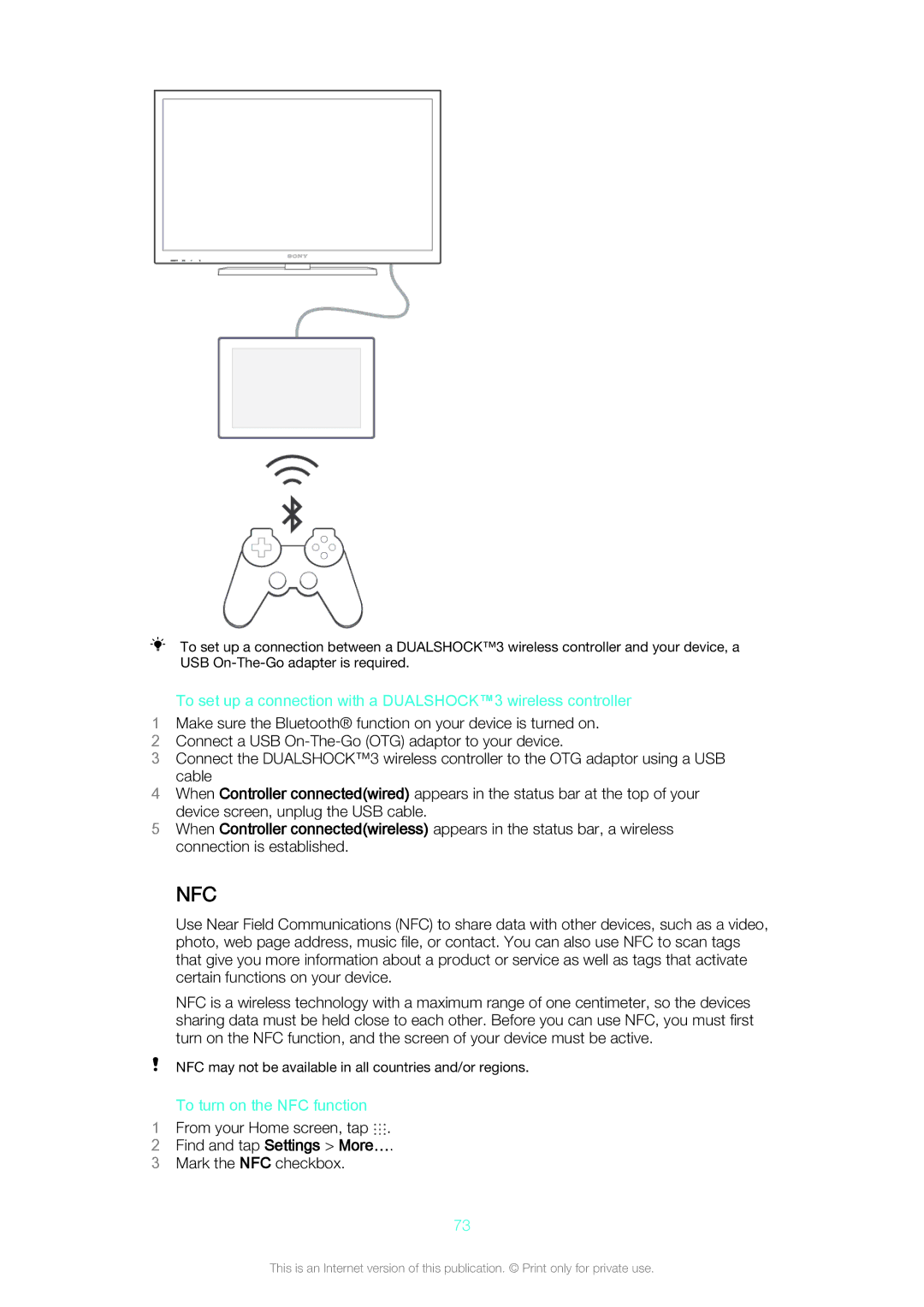 Sony SGP561 manual To set up a connection with a DUALSHOCK3 wireless controller, To turn on the NFC function 