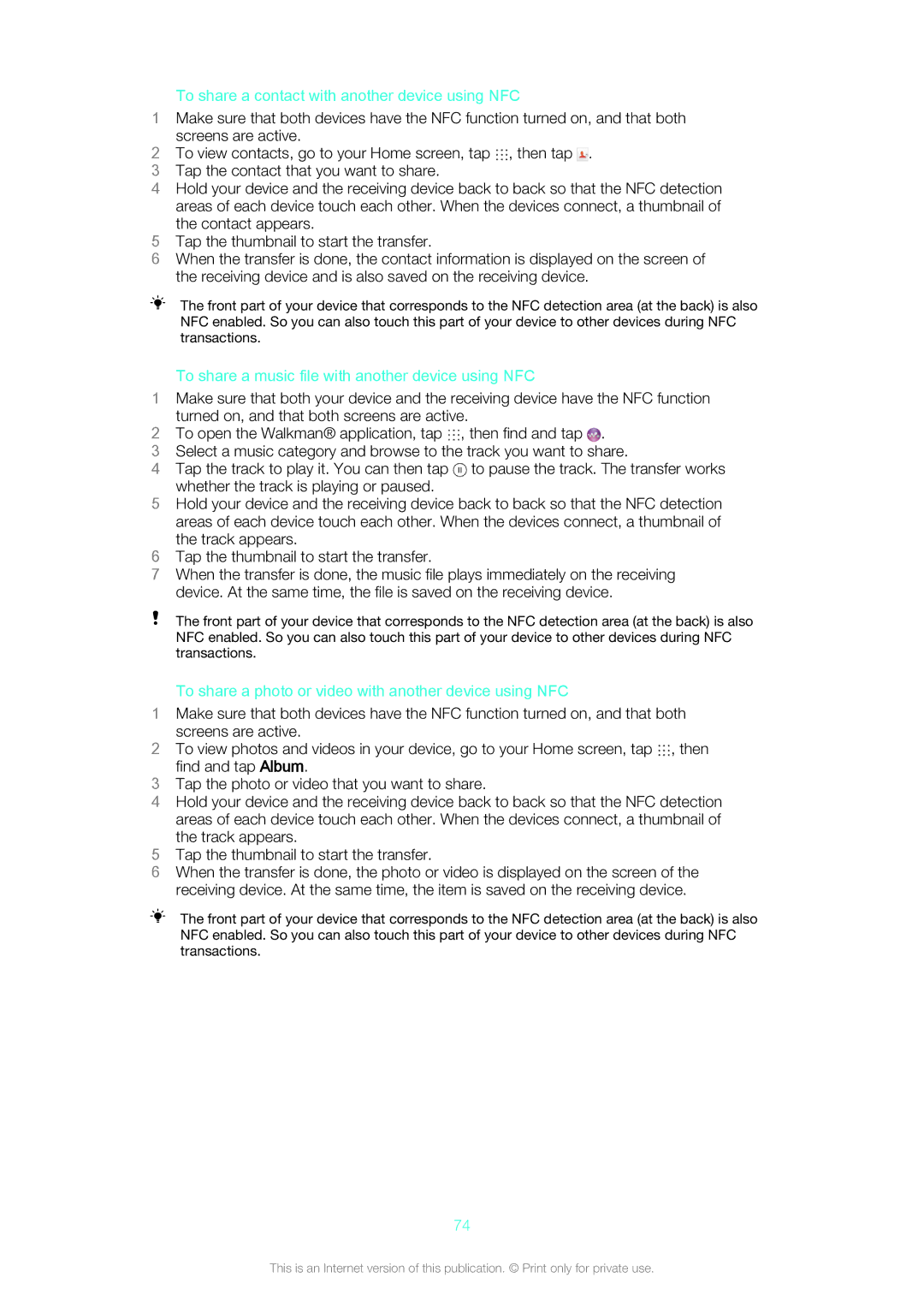 Sony SGP561 manual To share a contact with another device using NFC, To share a music file with another device using NFC 