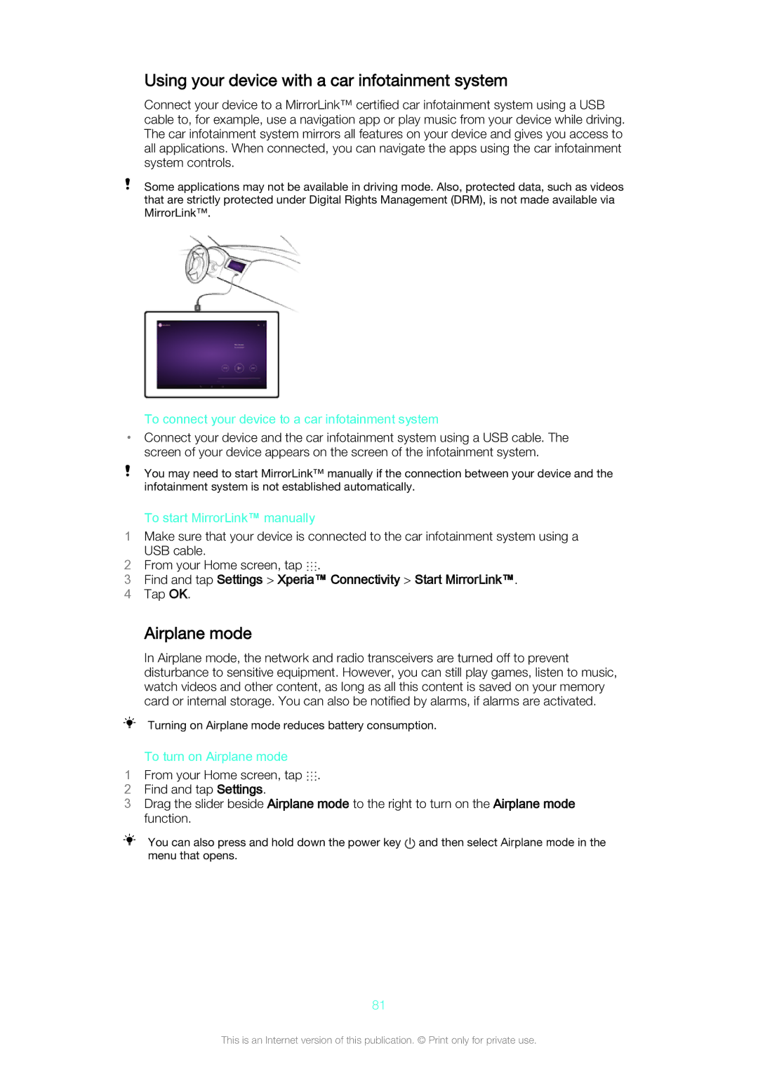 Sony SGP561 manual Using your device with a car infotainment system, Airplane mode 