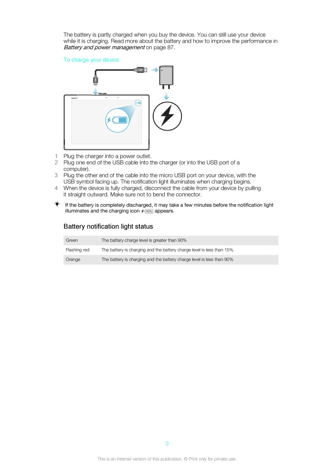 Sony SGP561 manual Battery notification light status, To charge your device 