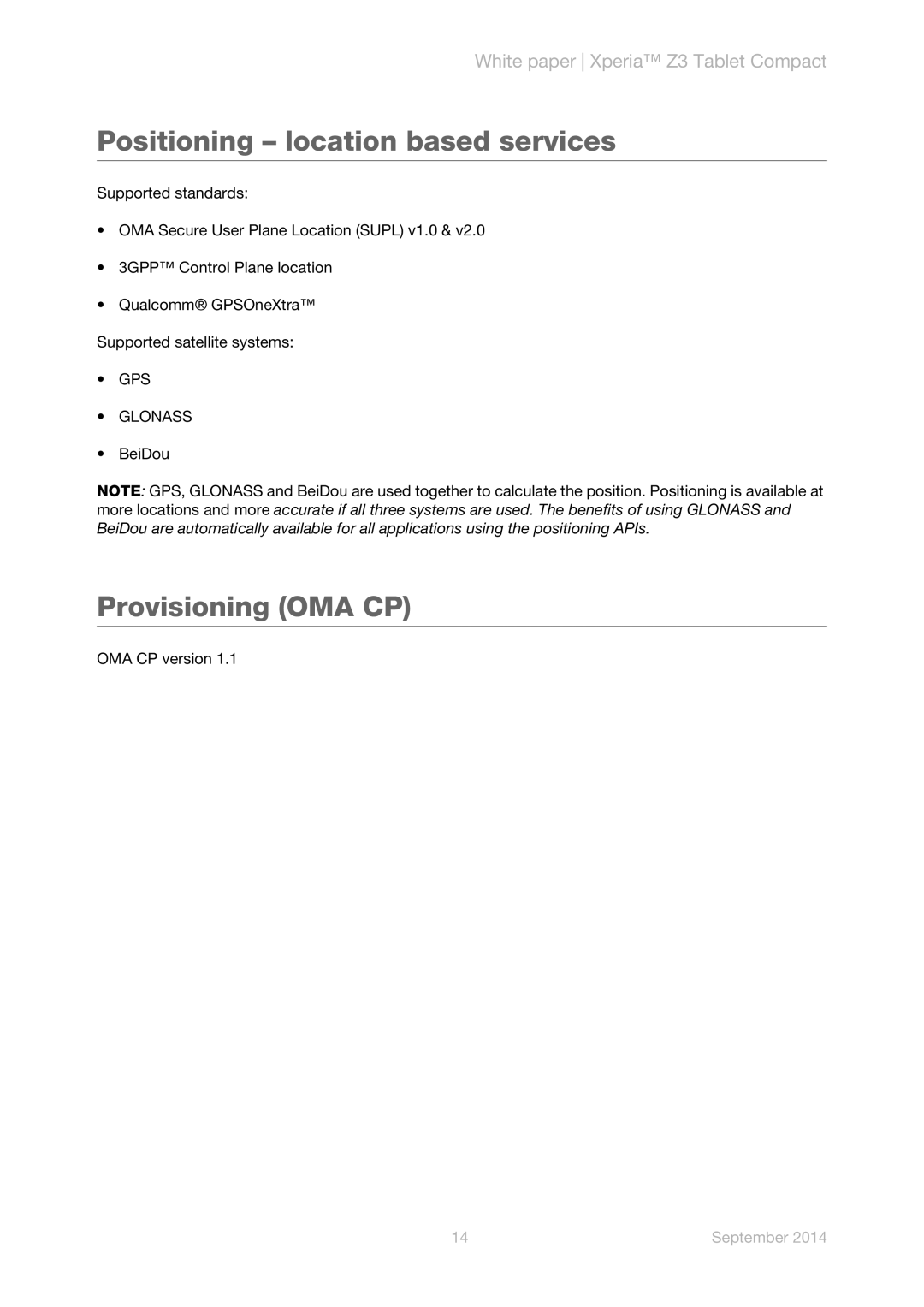 Sony SGP621, SGP641 manual Positioning location based services, Provisioning OMA CP, GPS Glonass 