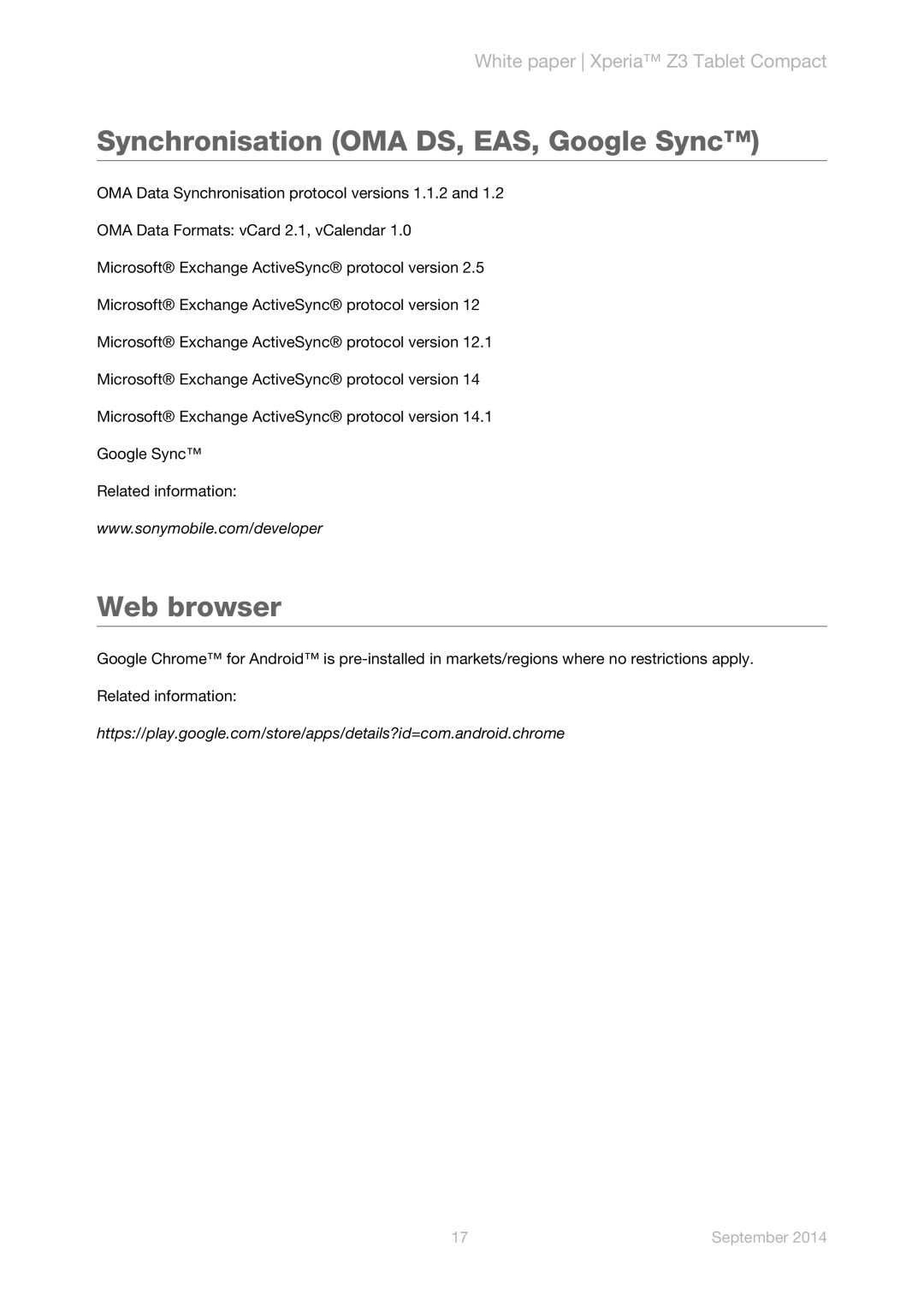 Sony SGP641, SGP621 manual Synchronisation OMA DS, EAS, Google Sync, Web browser 