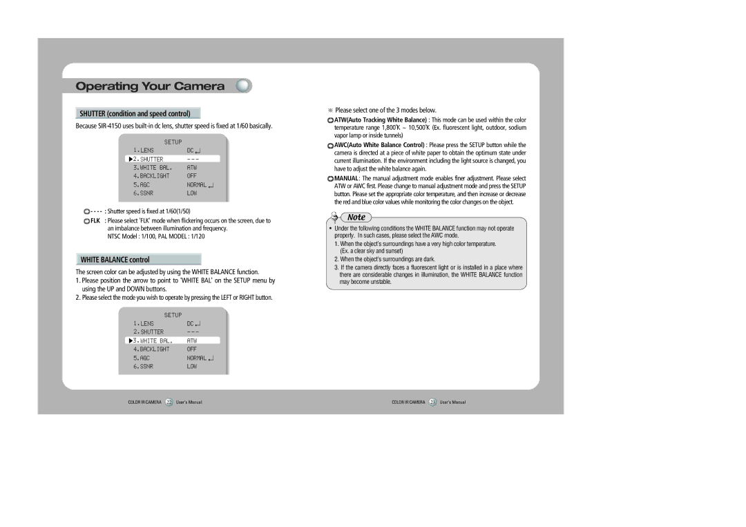 Sony SIR-4150 user manual Shutter condition and speed control, White Balance control, Flk 