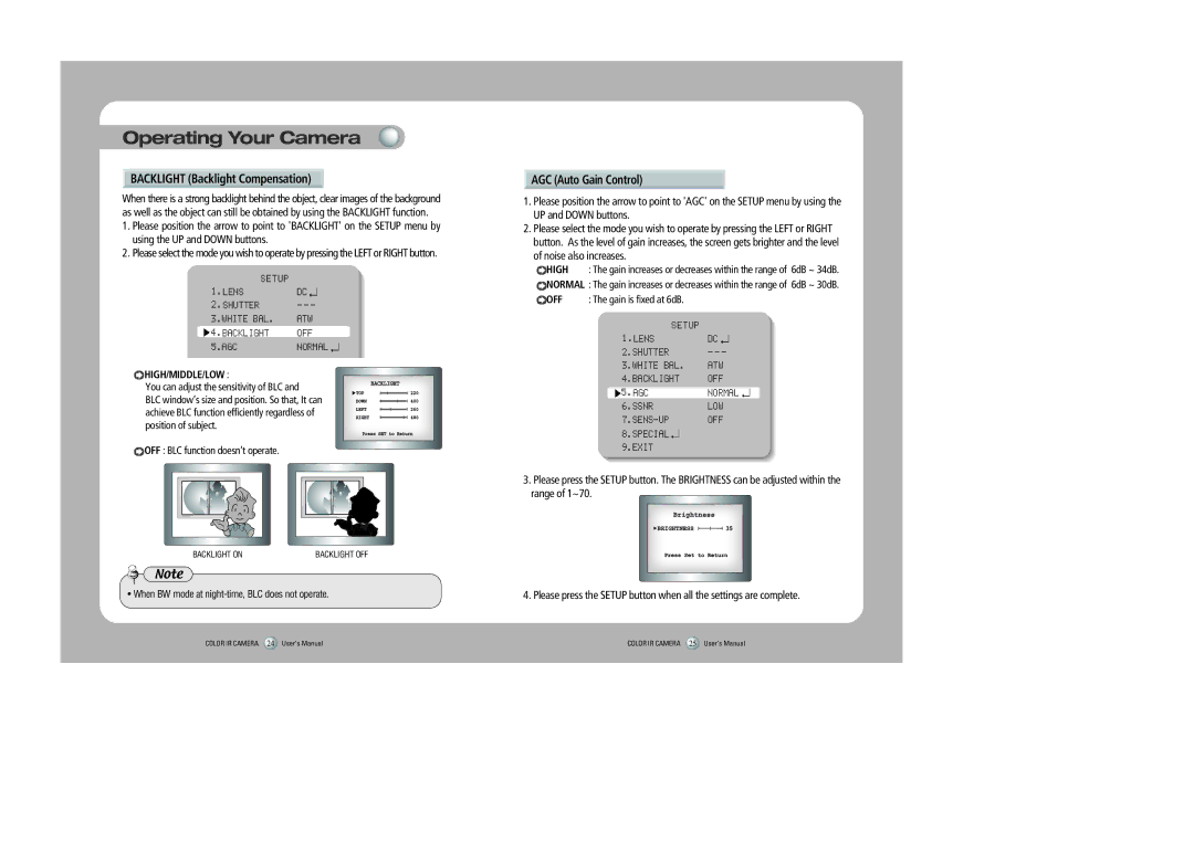 Sony SIR-4150 user manual Backlight Backlight Compensation, AGC Auto Gain Control, High/Middle/Low 