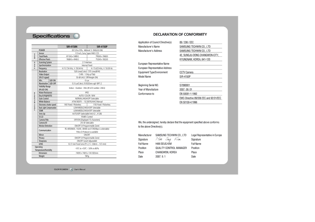 Sony user manual Specifications, SIR-4150N SIR-4150P 