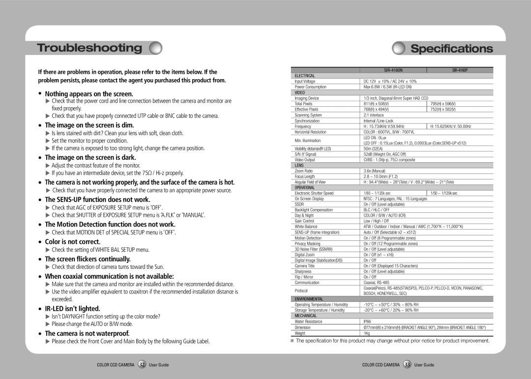 Sony SIR-4160 manual Troubleshooting, Specifications, Check that Motion DET of Special Setup menu is ‘OFF’ 