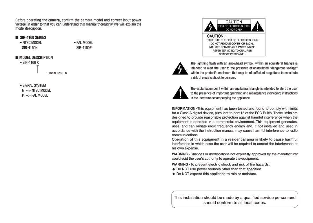 Sony manual SIR-4160 Series, SIR-4160N, Model Description, Risk of electric shock to persons 