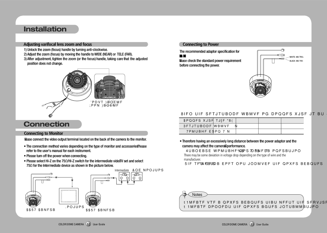 Sony SIR4260V manual Connection, Adjusting varifocal lens zoom and focus, Connecting to Monitor, Connecting to Power 