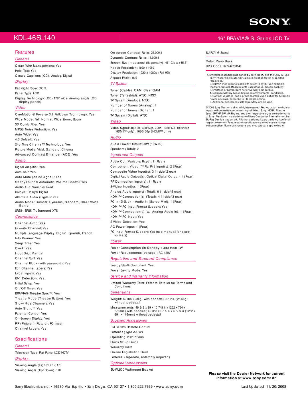 Sony SL Series manual Features, Specifications 