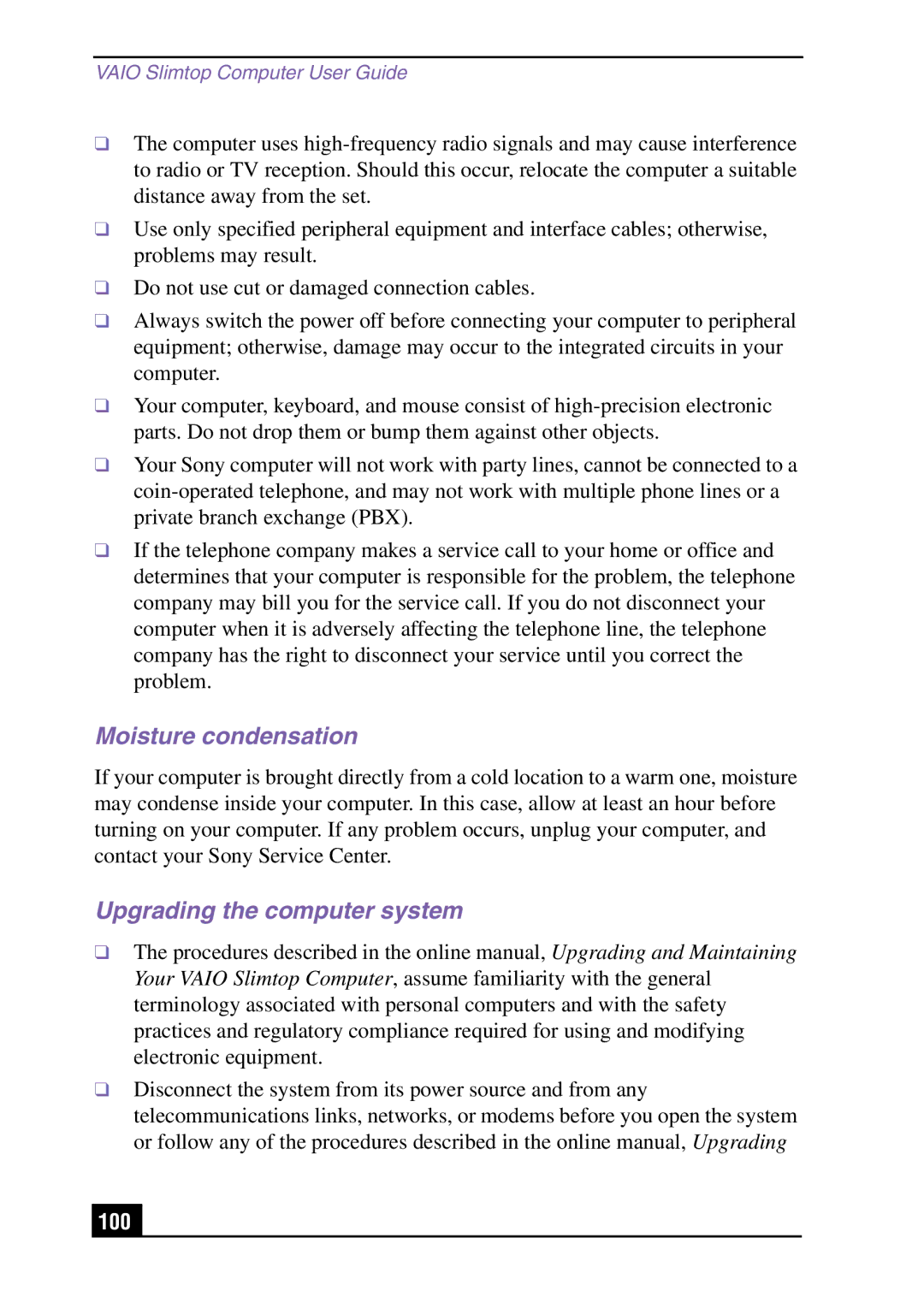 Sony Slimtop Computer manual Moisture condensation, Upgrading the computer system 