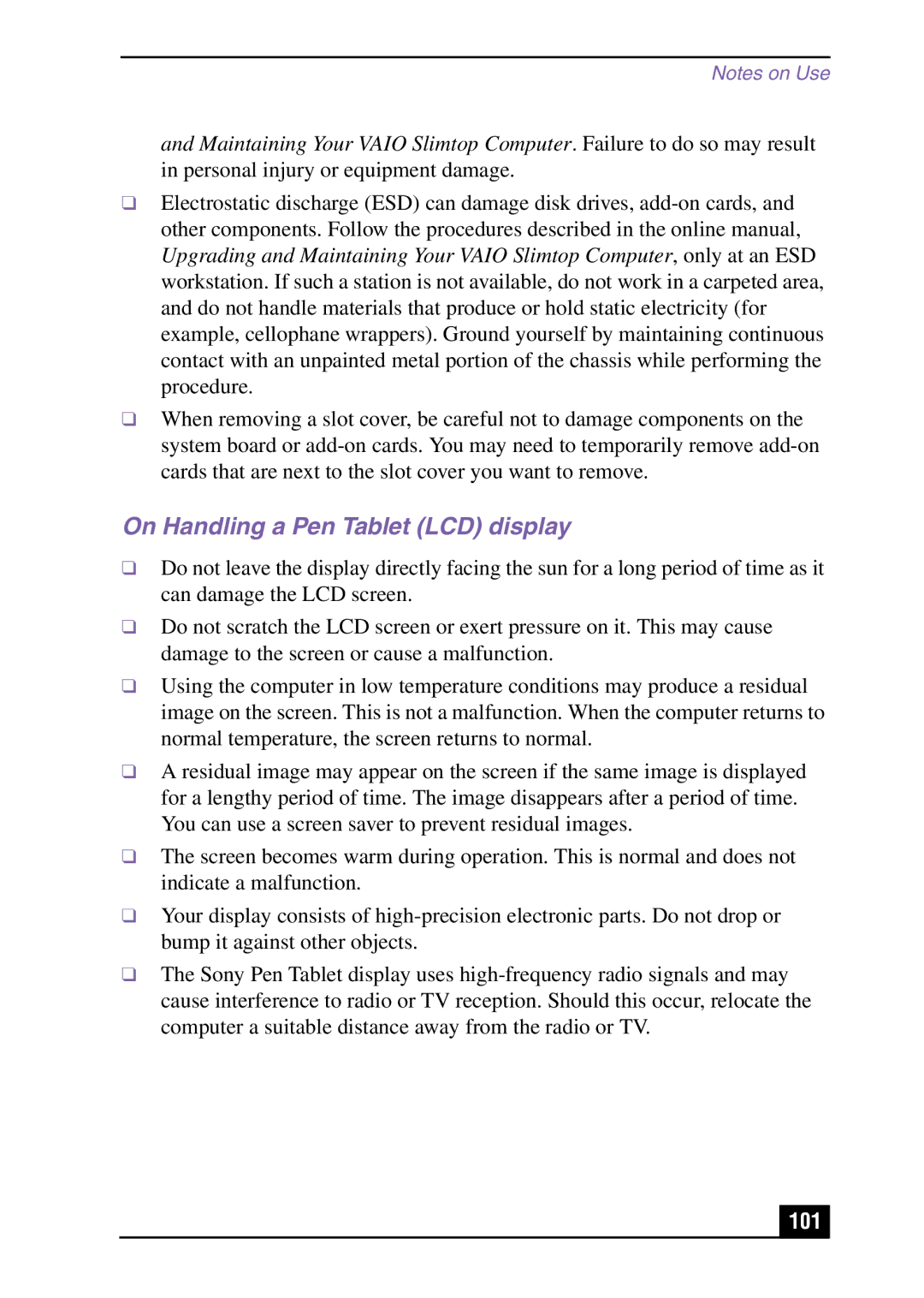 Sony Slimtop Computer manual On Handling a Pen Tablet LCD display 