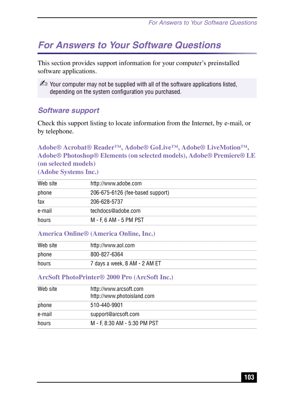 Sony Slimtop Computer manual For Answers to Your Software Questions, Software support 