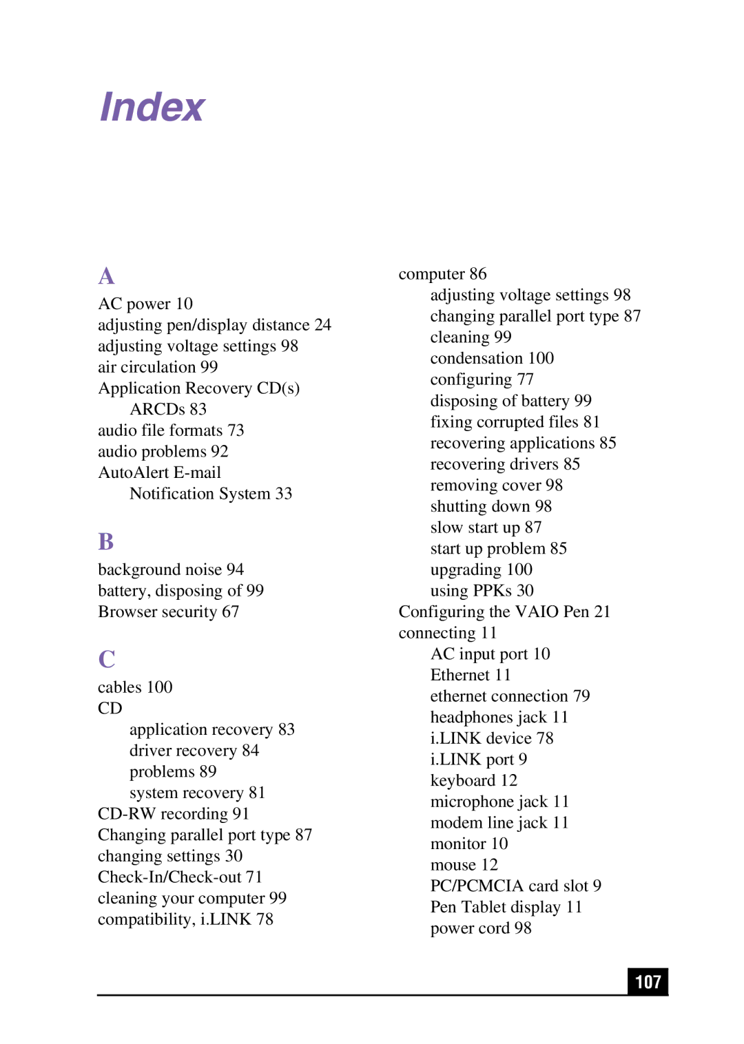 Sony Slimtop Computer manual Index 