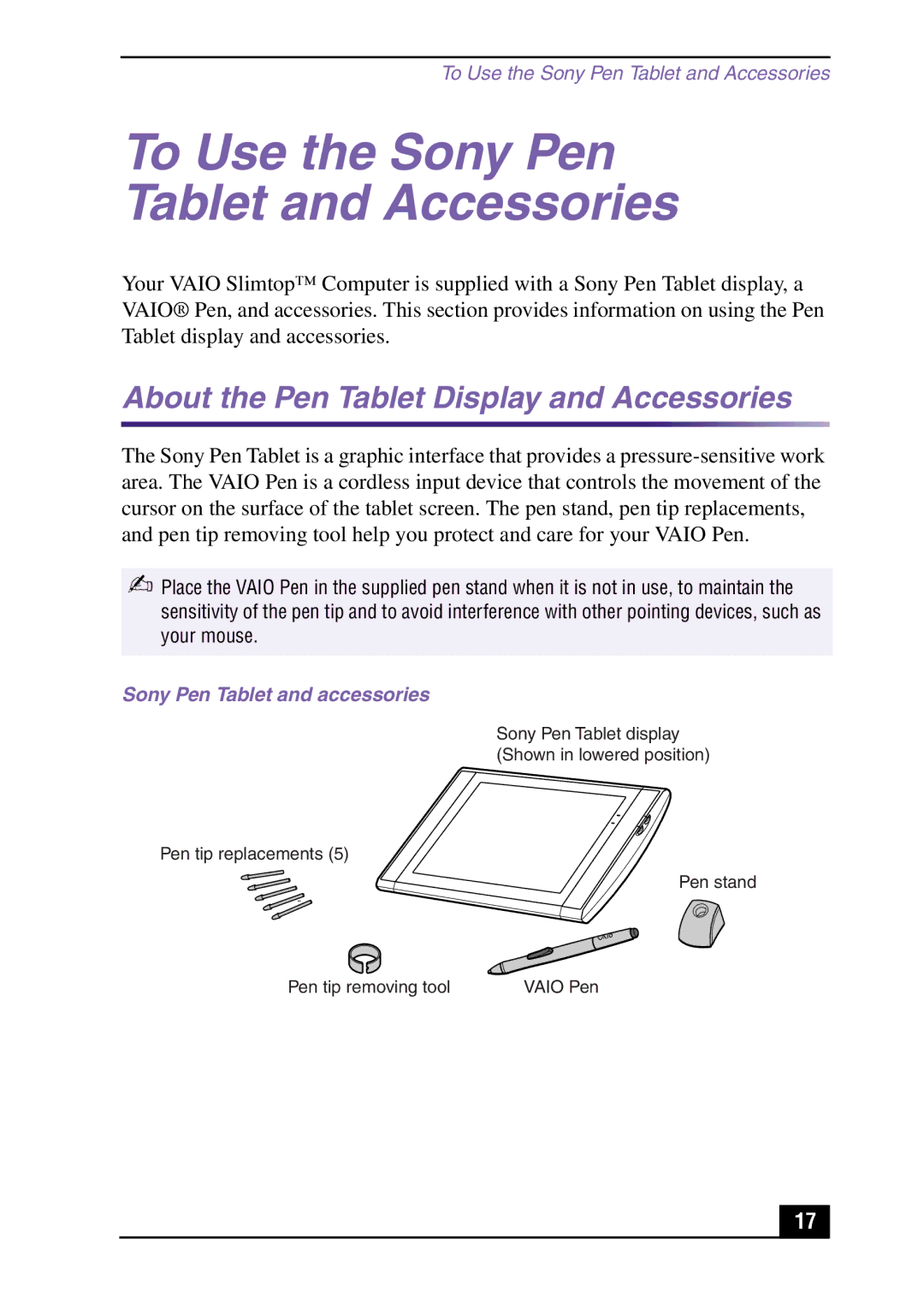 Sony Slimtop Computer manual About the Pen Tablet Display and Accessories, Sony Pen Tablet and accessories 