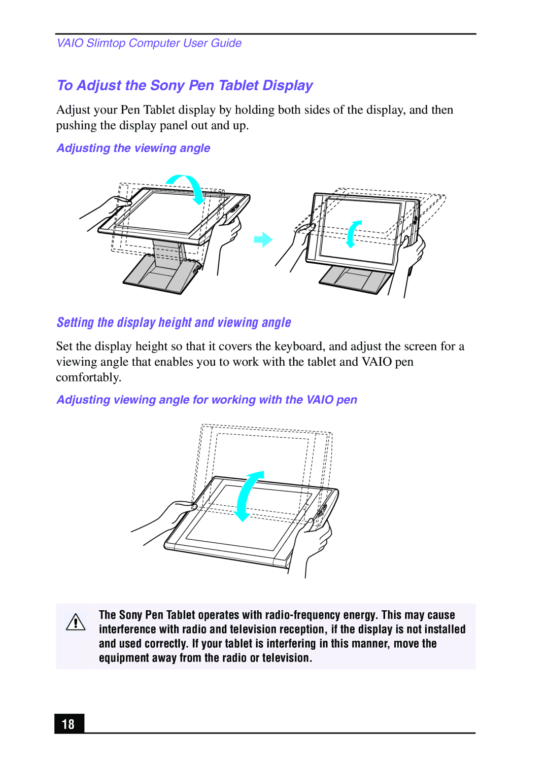 Sony Slimtop Computer manual To Adjust the Sony Pen Tablet Display, Setting the display height and viewing angle 