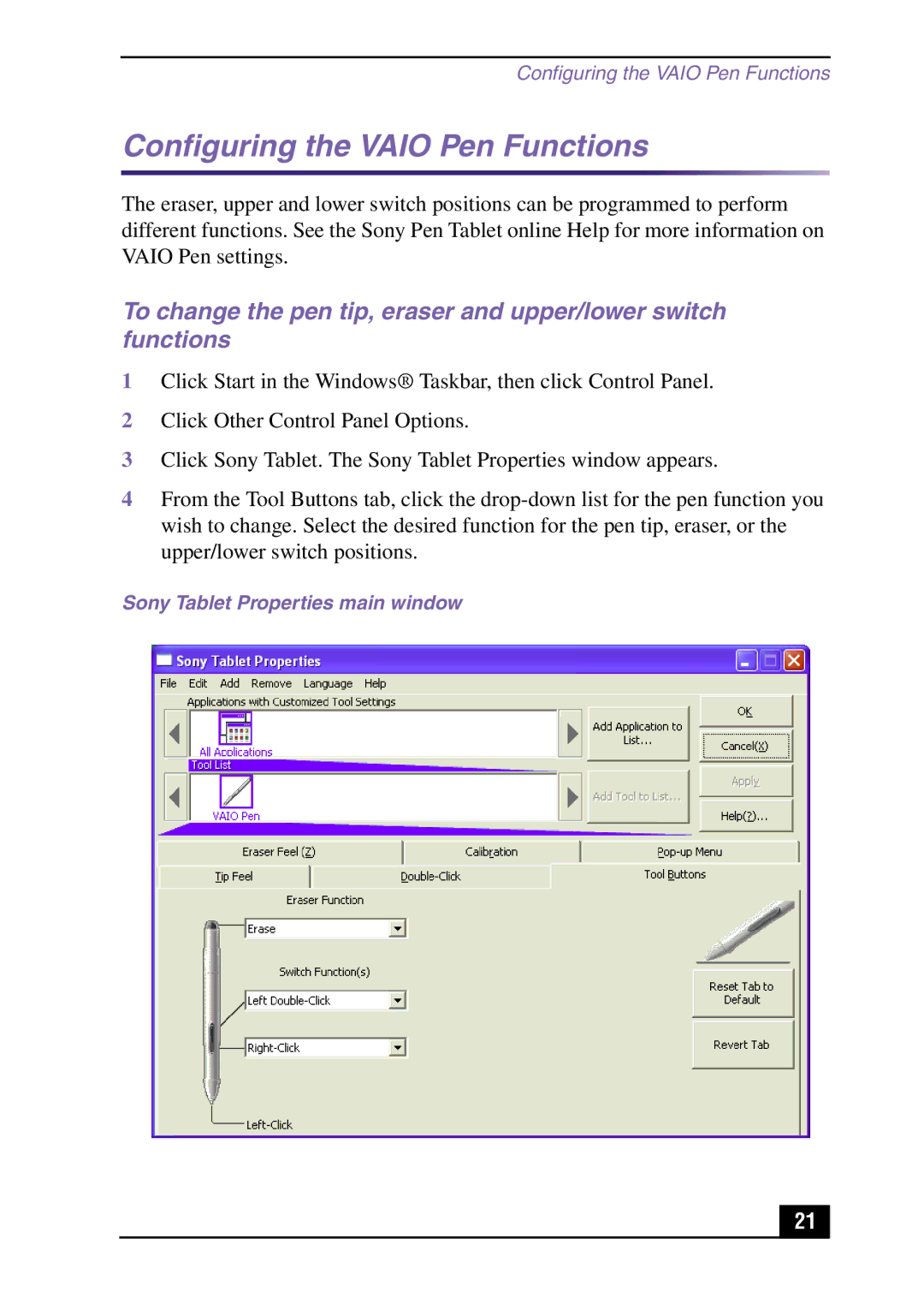 Sony Slimtop Computer manual Configuring the Vaio Pen Functions, Sony Tablet Properties main window 