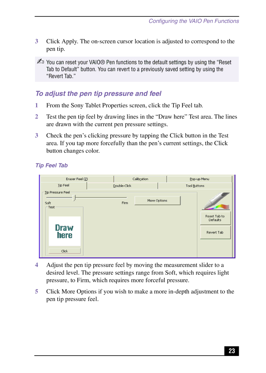 Sony Slimtop Computer manual To adjust the pen tip pressure and feel, Tip Feel Tab 