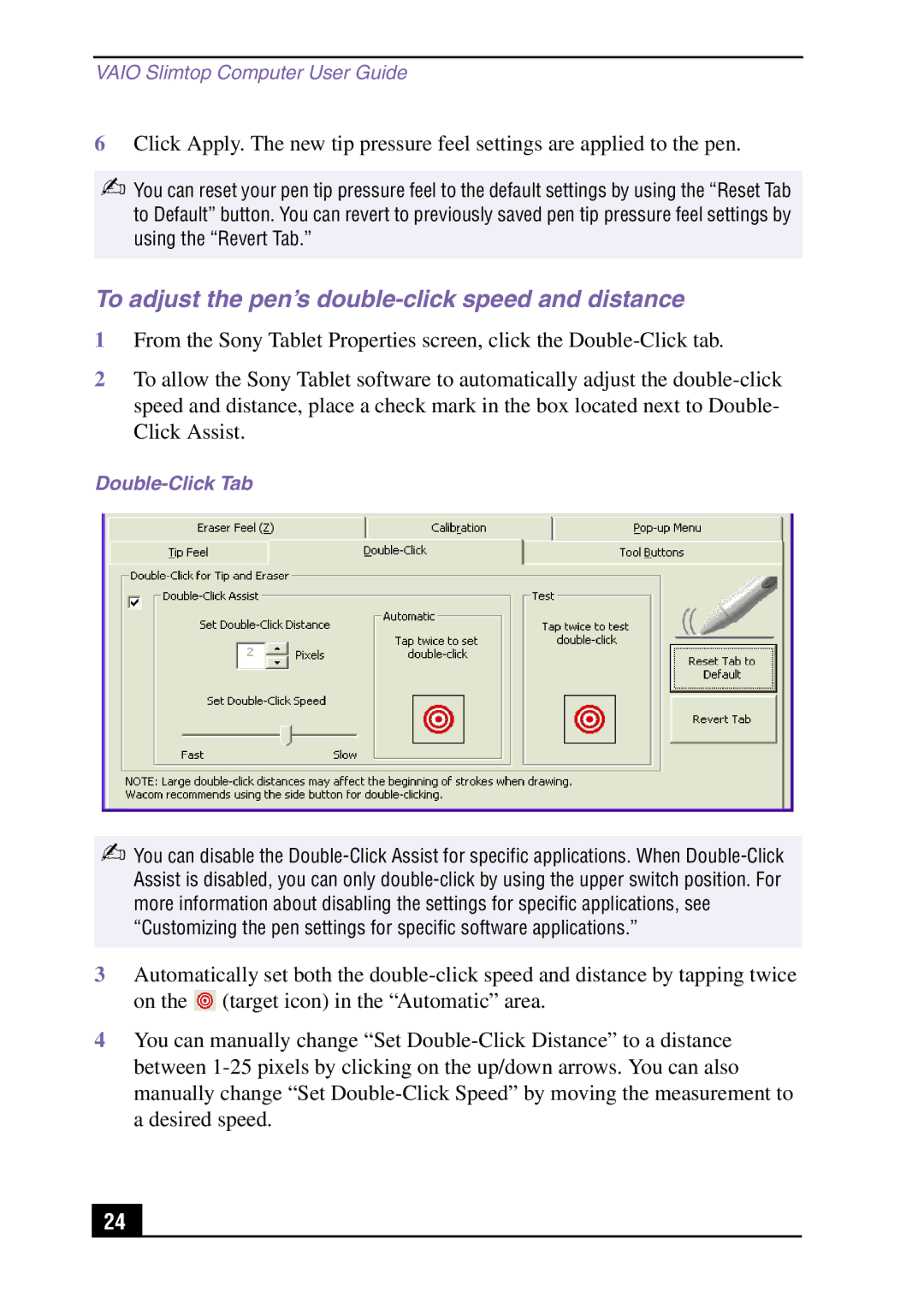 Sony Slimtop Computer manual To adjust the pen’s double-click speed and distance, Double-Click Tab 