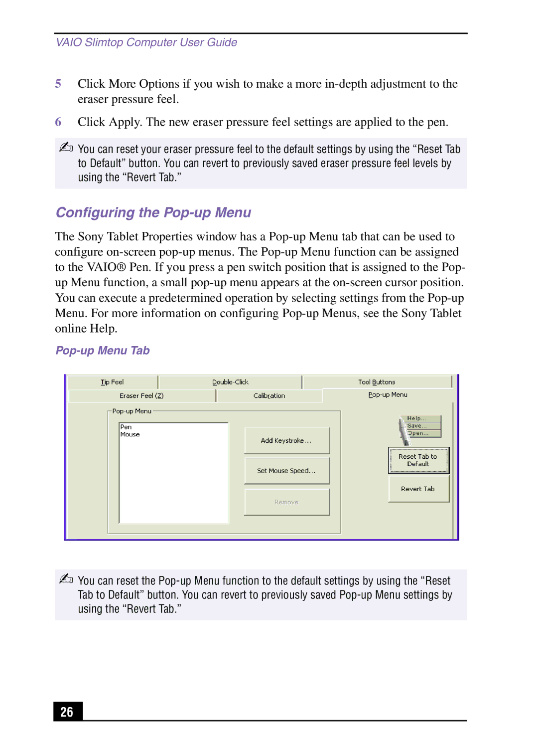 Sony Slimtop Computer manual Configuring the Pop-up Menu, Pop-up Menu Tab 