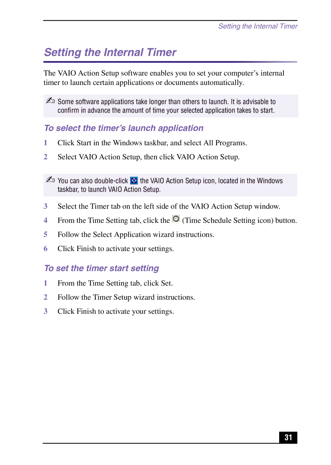 Sony Slimtop Computer Setting the Internal Timer, To select the timer’s launch application, To set the timer start setting 