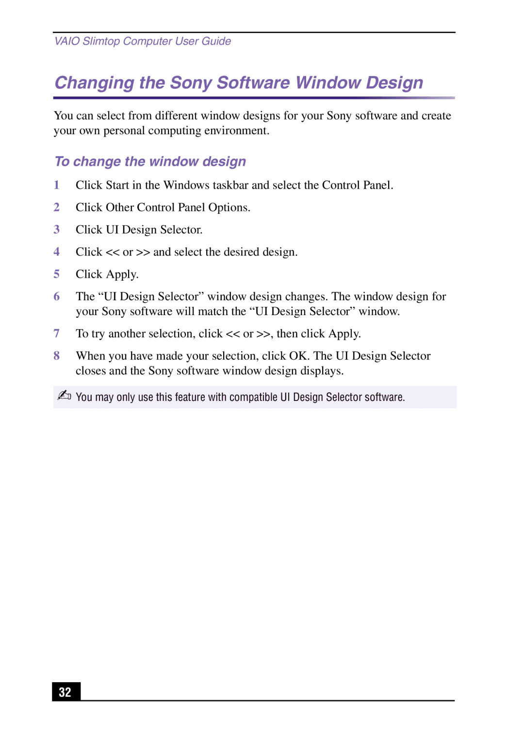 Sony Slimtop Computer manual Changing the Sony Software Window Design, To change the window design 