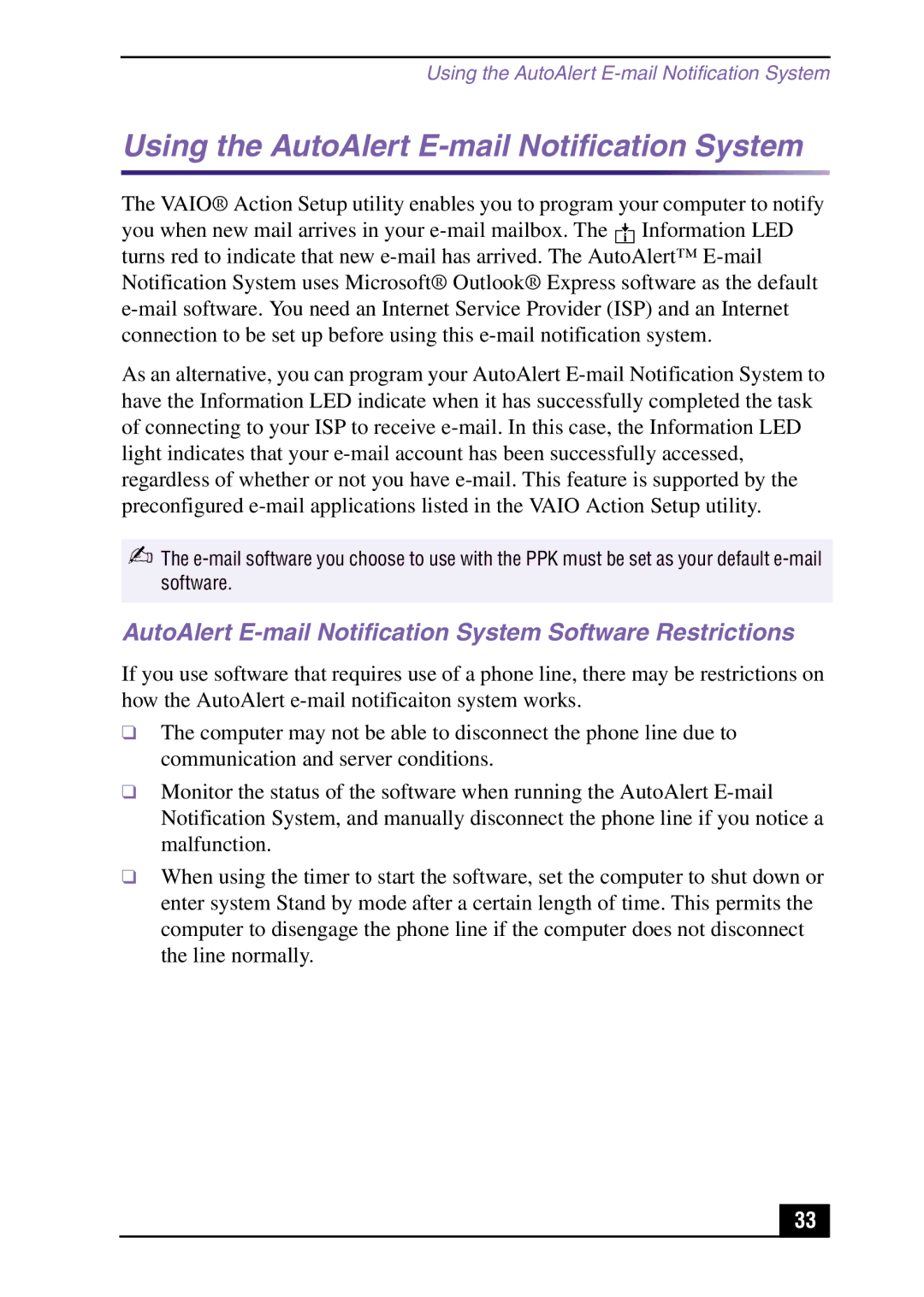 Sony Slimtop Computer manual Using the AutoAlert E-mail Notification System 