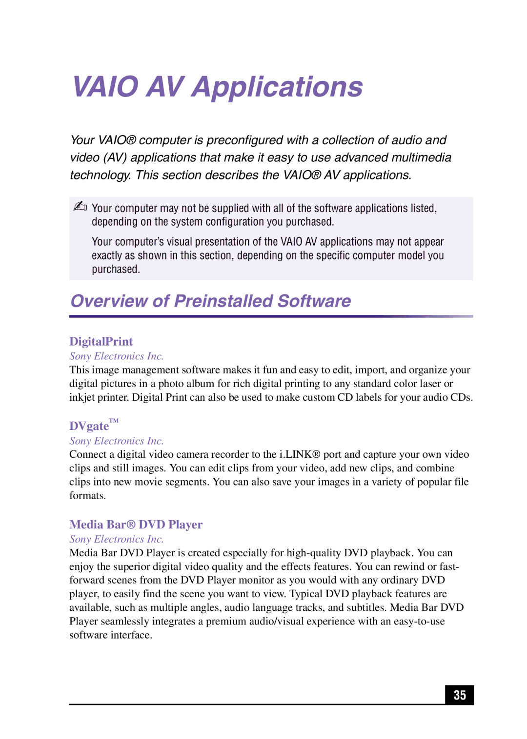 Sony Slimtop Computer manual Vaio AV Applications, Overview of Preinstalled Software 