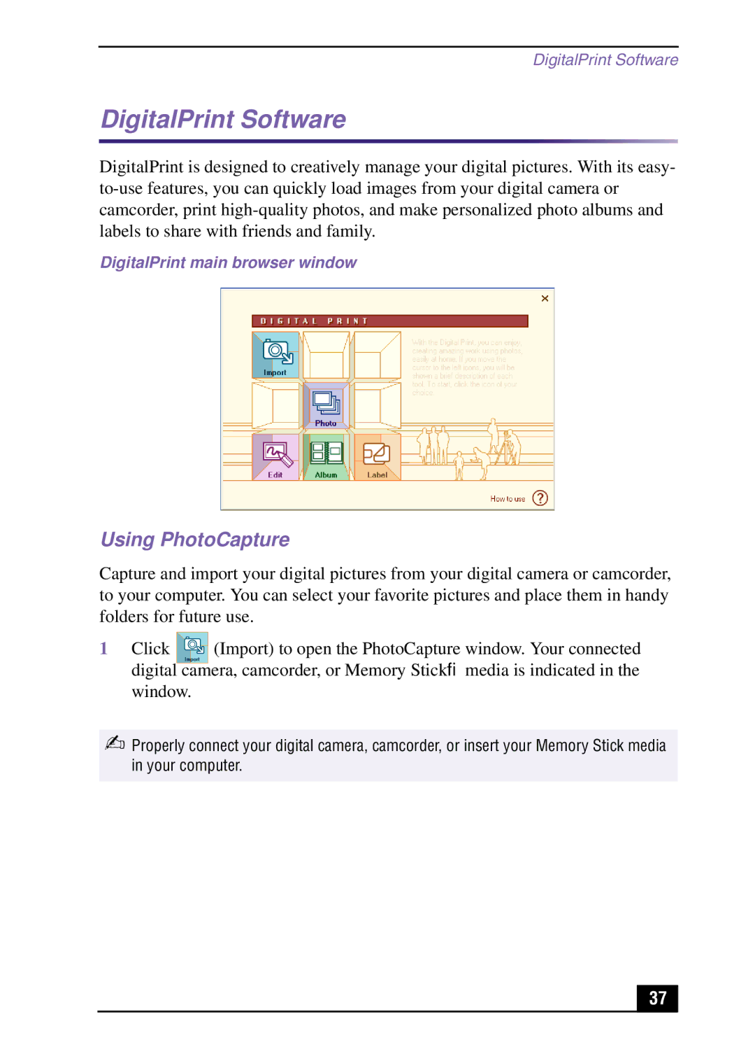 Sony Slimtop Computer manual DigitalPrint Software, Using PhotoCapture, DigitalPrint main browser window 