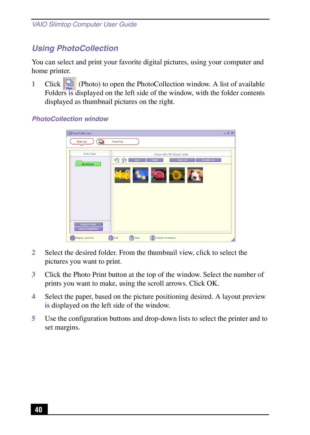 Sony Slimtop Computer manual Using PhotoCollection, PhotoCollection window 