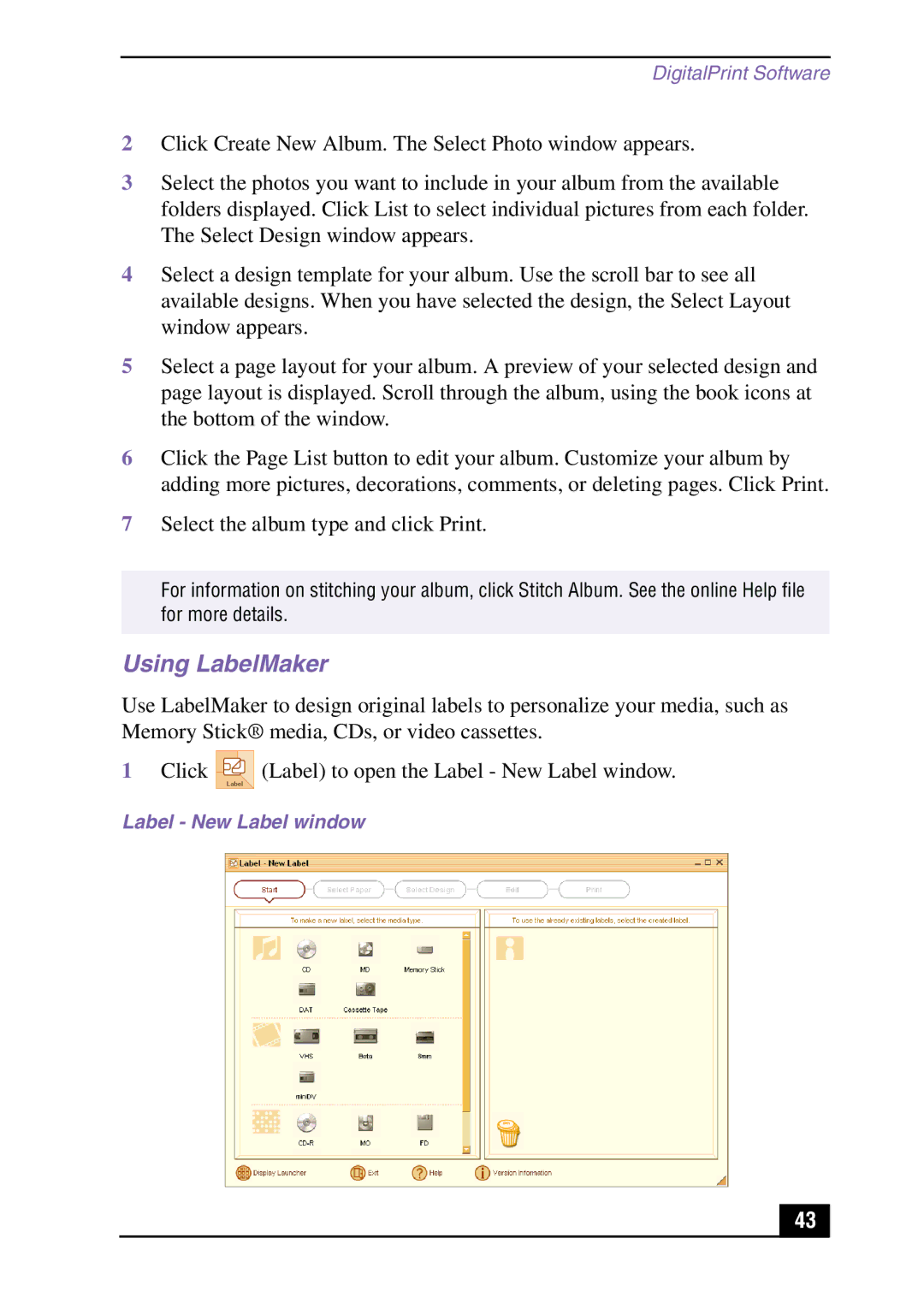 Sony Slimtop Computer manual Using LabelMaker, Label New Label window 