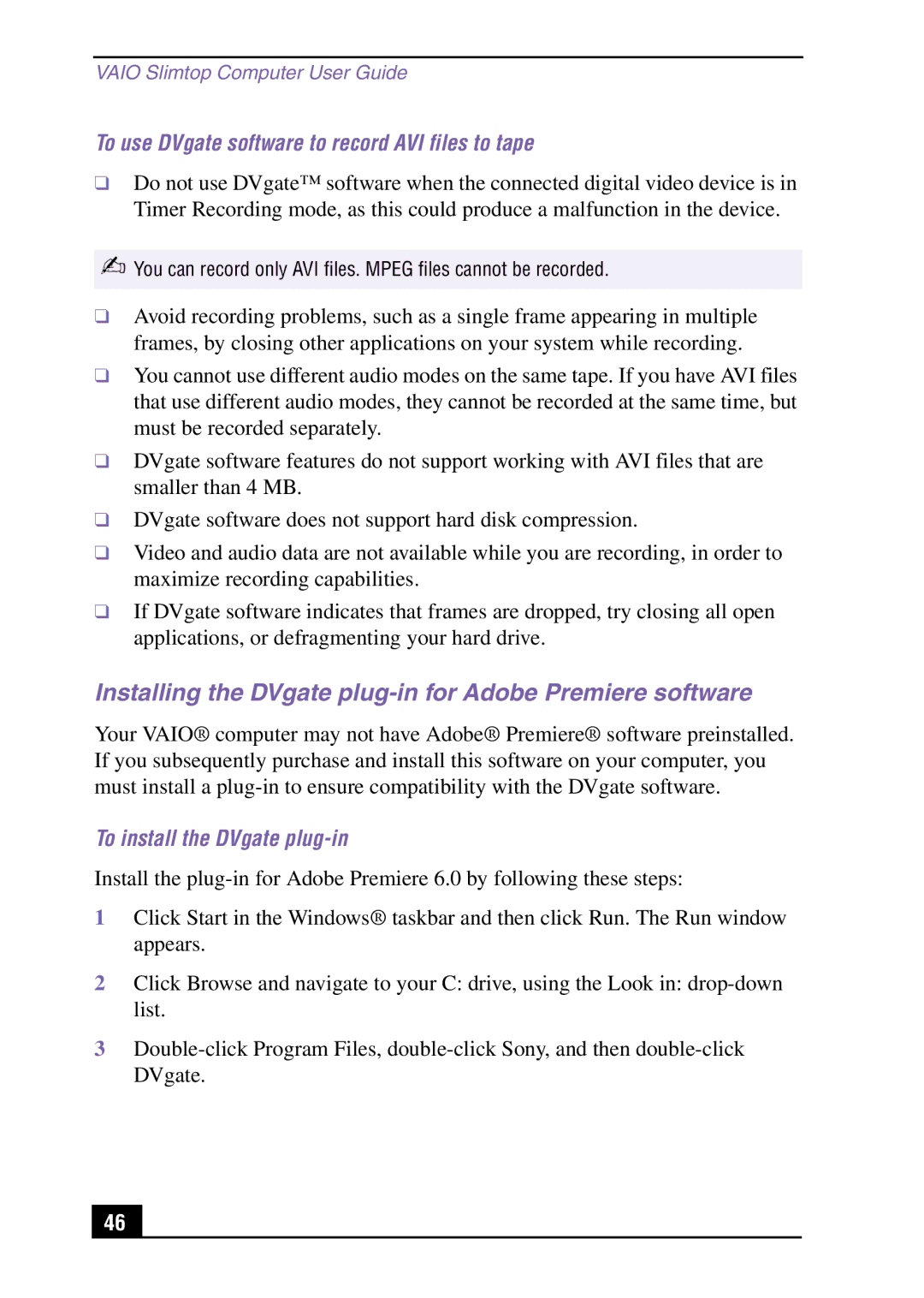 Sony Slimtop Computer manual Installing the DVgate plug-in for Adobe Premiere software, To install the DVgate plug-in 