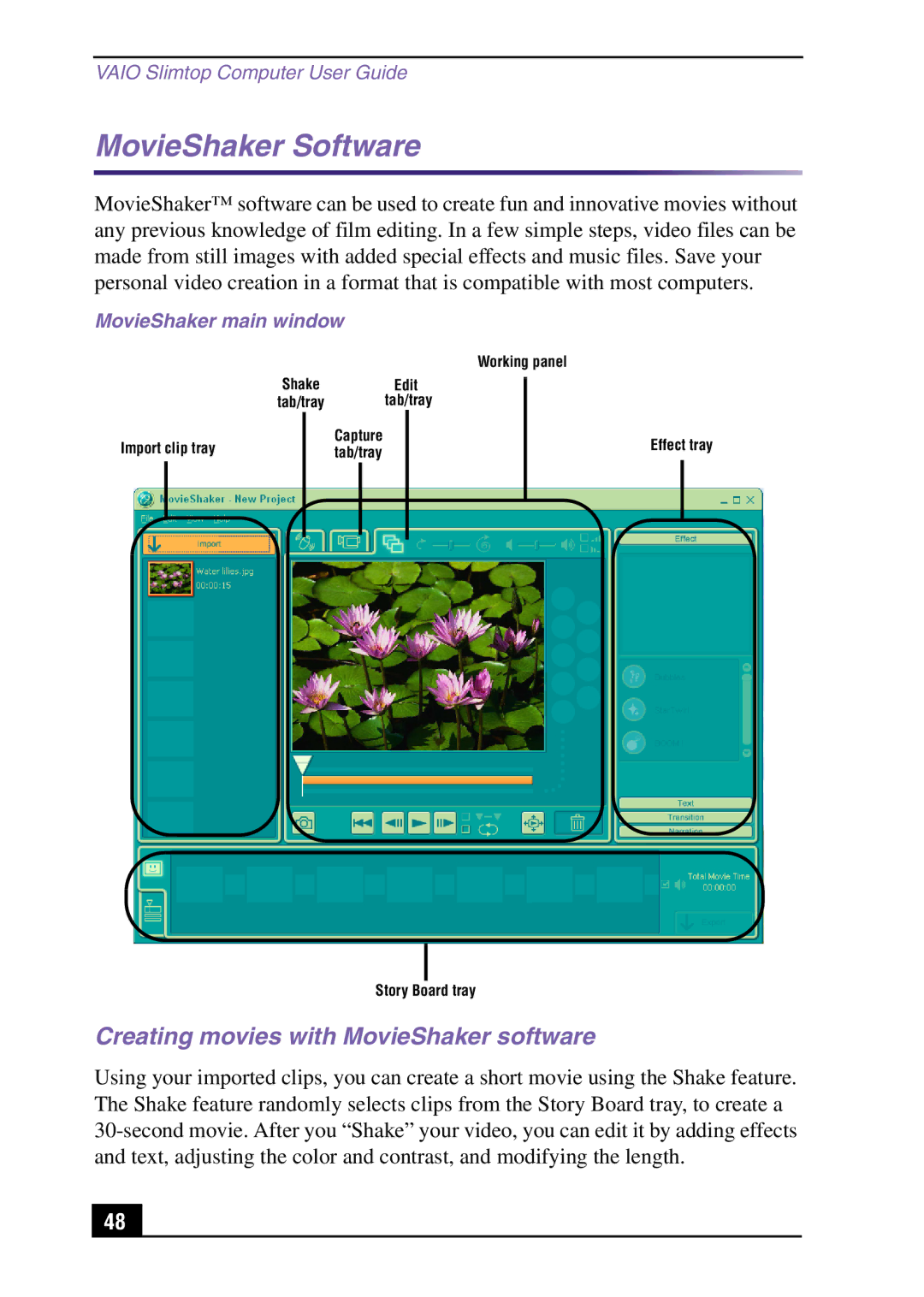 Sony Slimtop Computer manual MovieShaker Software, Creating movies with MovieShaker software, MovieShaker main window 