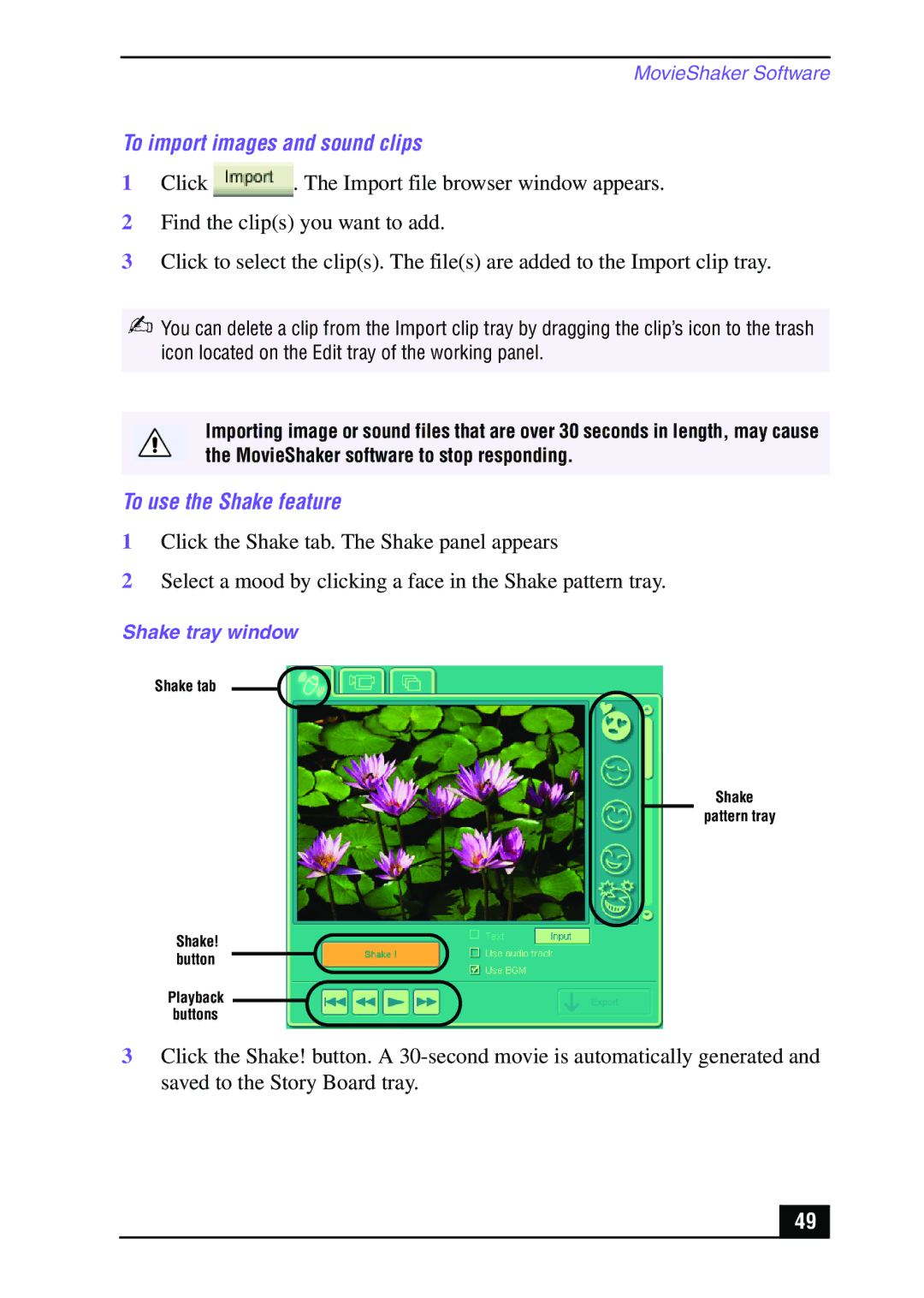 Sony Slimtop Computer manual To import images and sound clips, To use the Shake feature, Shake tray window 