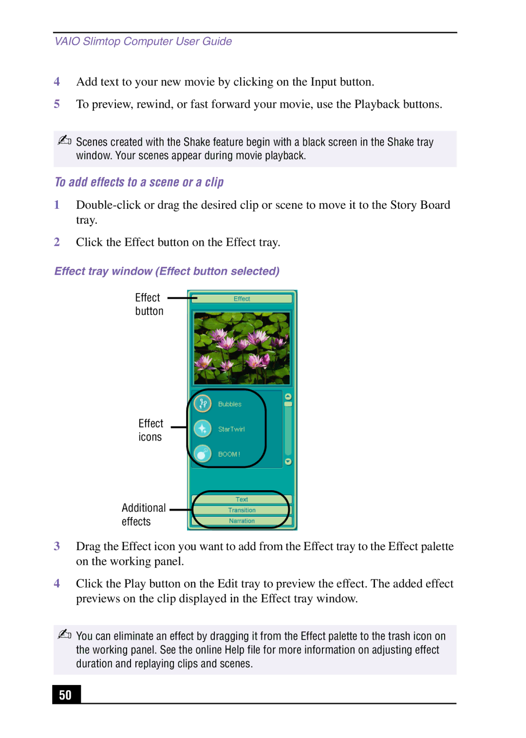 Sony Slimtop Computer manual To add effects to a scene or a clip, Effect tray window Effect button selected 